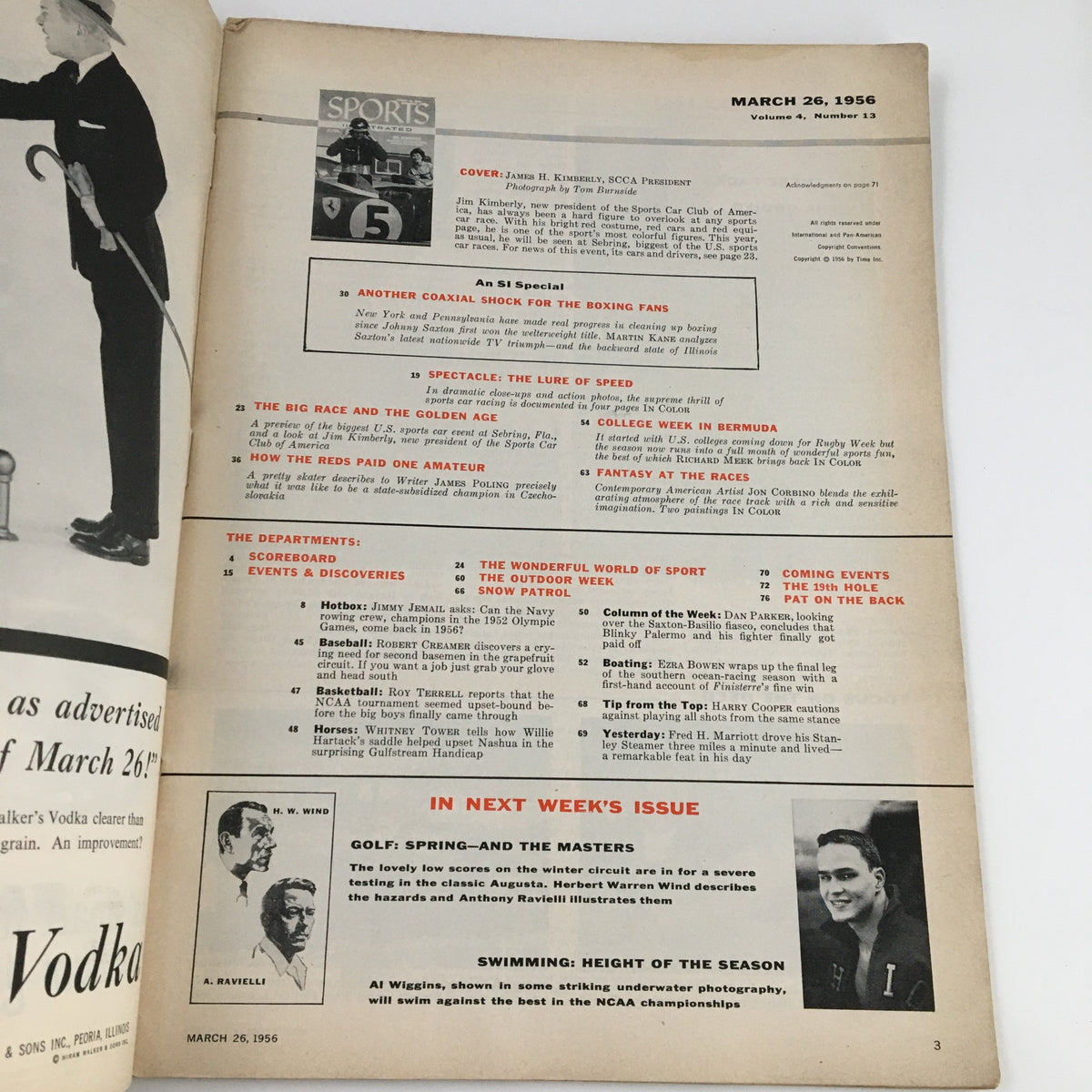 Interior page of Sports Illustrated Magazine March 26, 1956, showcasing the table of contents with highlights including Jim Kimberly and various sporting features of the era.