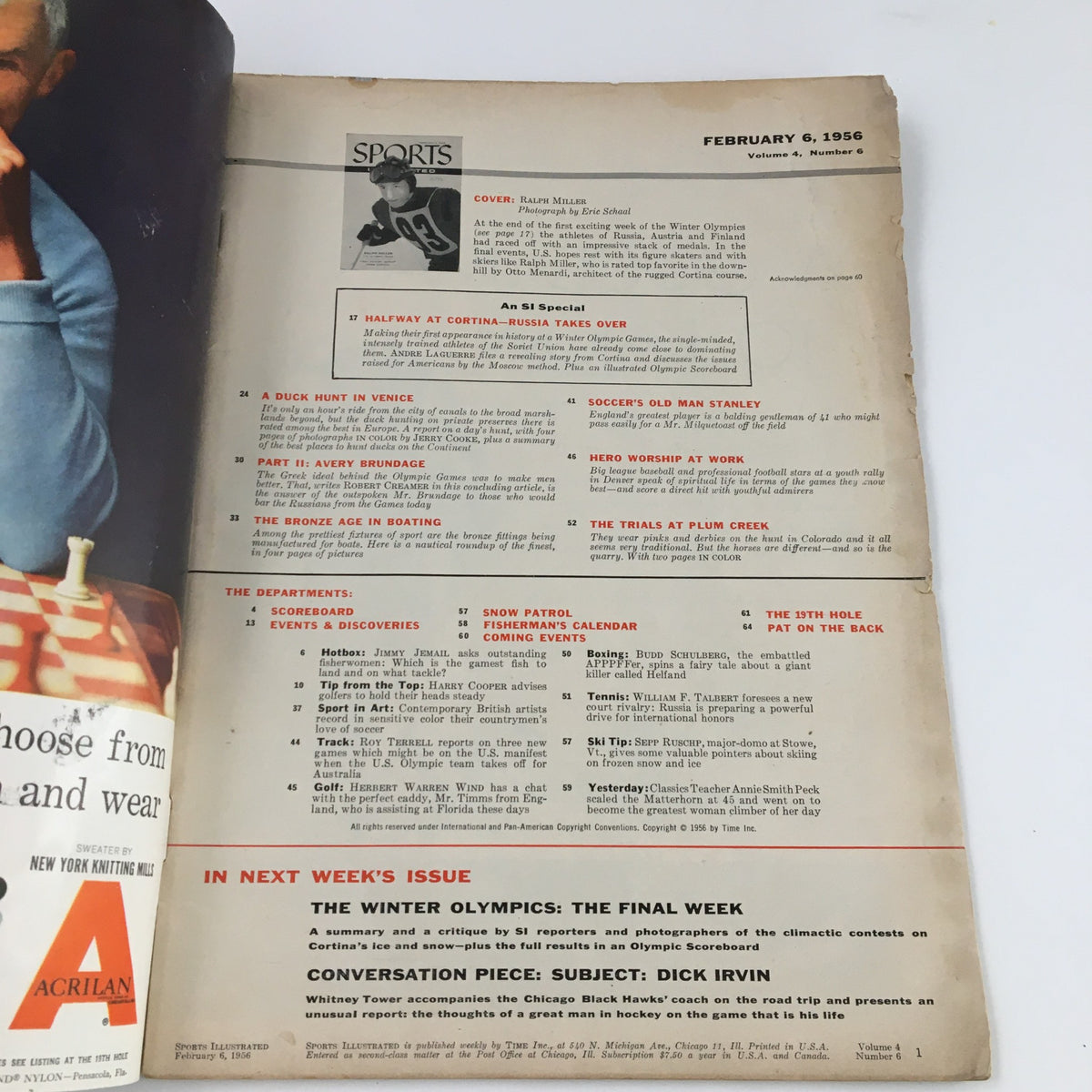 Inside page of Sports Illustrated Magazine February 6, 1956, featuring articles and contents including U.S. Olympic skier Ralph Miller.