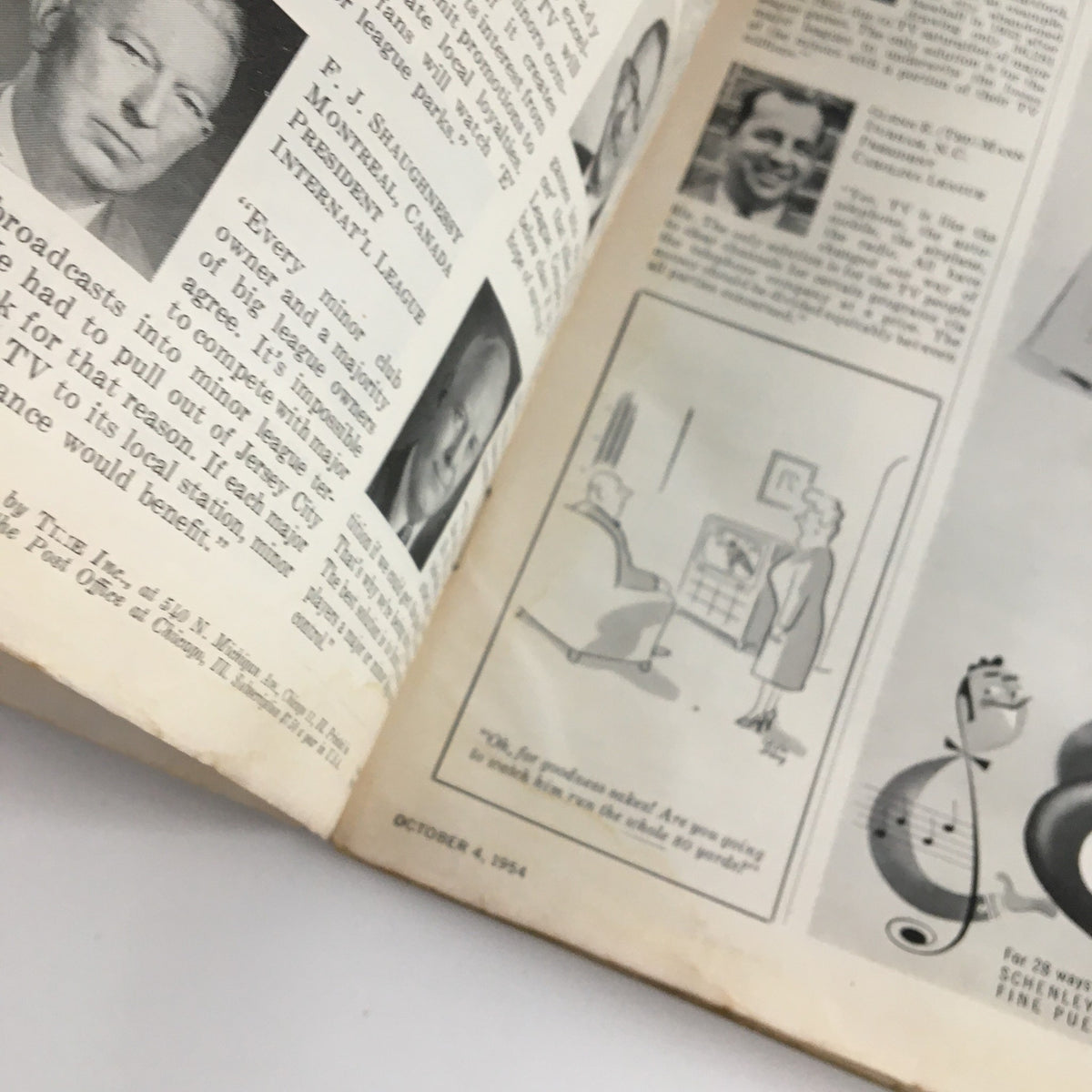 Interior page from Sports Illustrated Magazine October 4 1954 displaying portraits of prominent figures and a lighthearted comic related to television watching.