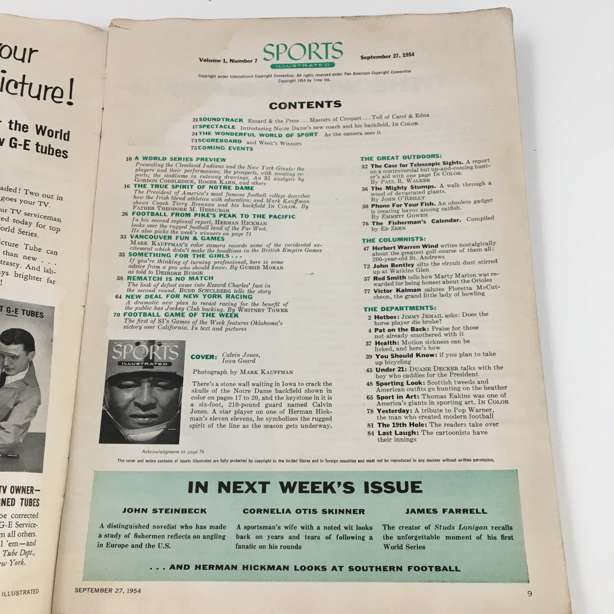 Inside page of Sports Illustrated Magazine September 27, 1954 listing contents and featuring a photograph of Calvin Jones, Iowa Guard, on the cover.