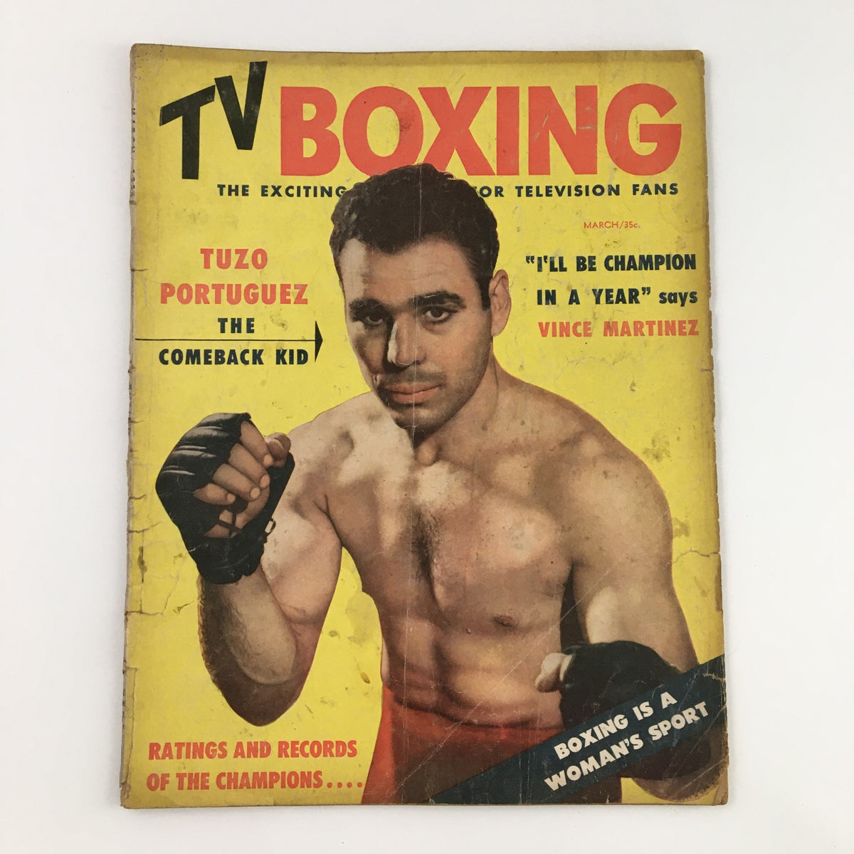 Cover of TV Boxing Magazine March 1954 featuring Tuzo Portuguez, known as 'The Comeback Kid,' showcasing his boxing pose in a vintage style.