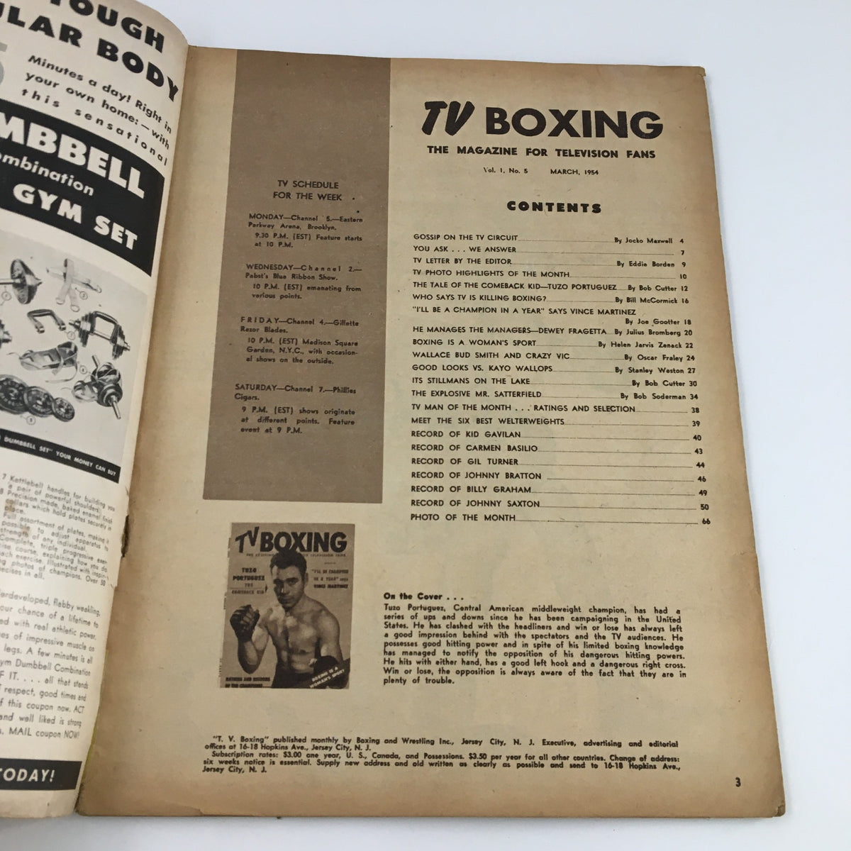 Interior page of TV Boxing Magazine March 1954 listing contents and featuring a photo description of Tuzo Portuguez, 'The Comeback Kid'.
