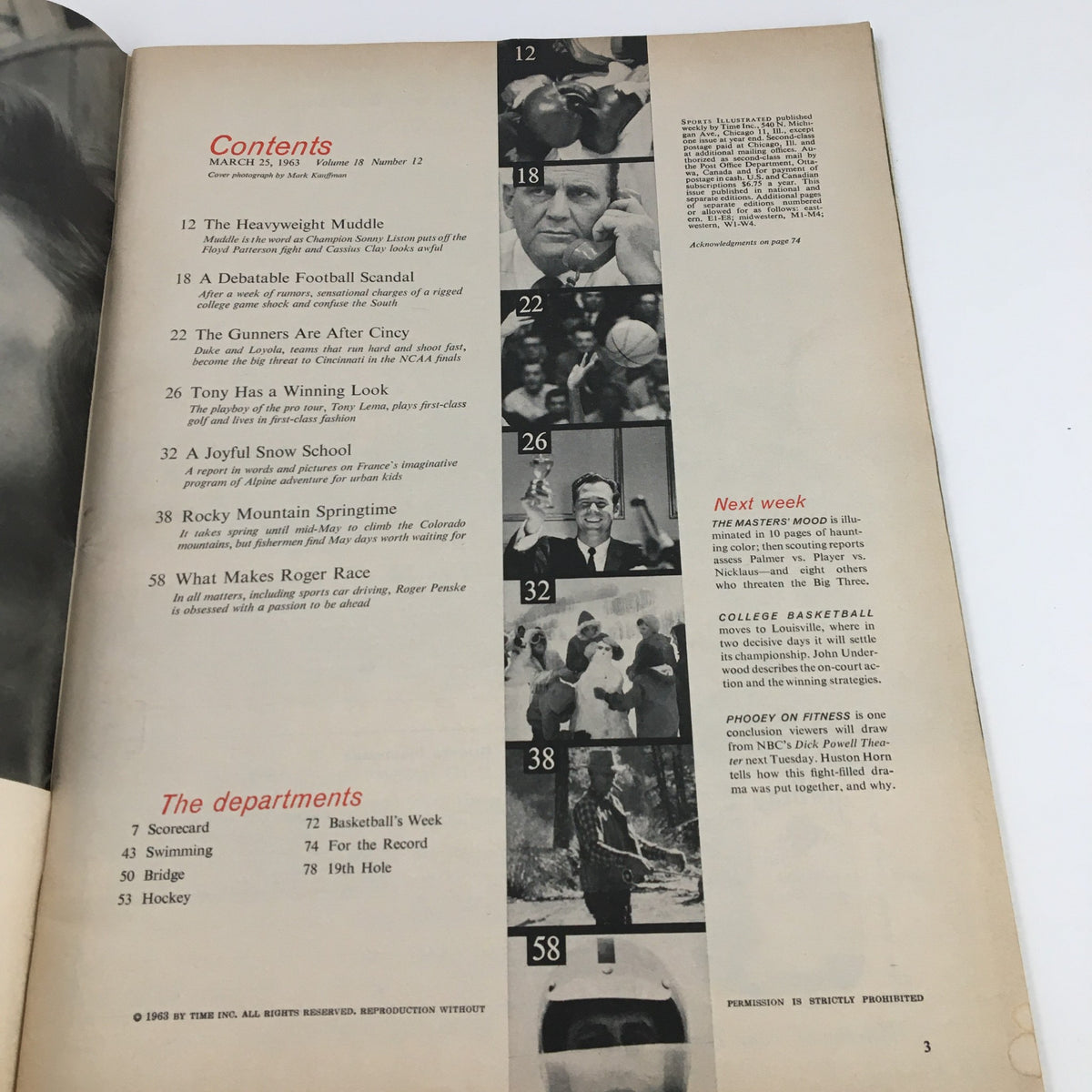 Contents page of Sports Illustrated Magazine from March 25, 1963 detailing featured articles including the Heavyweight Muddle and other sports coverage.