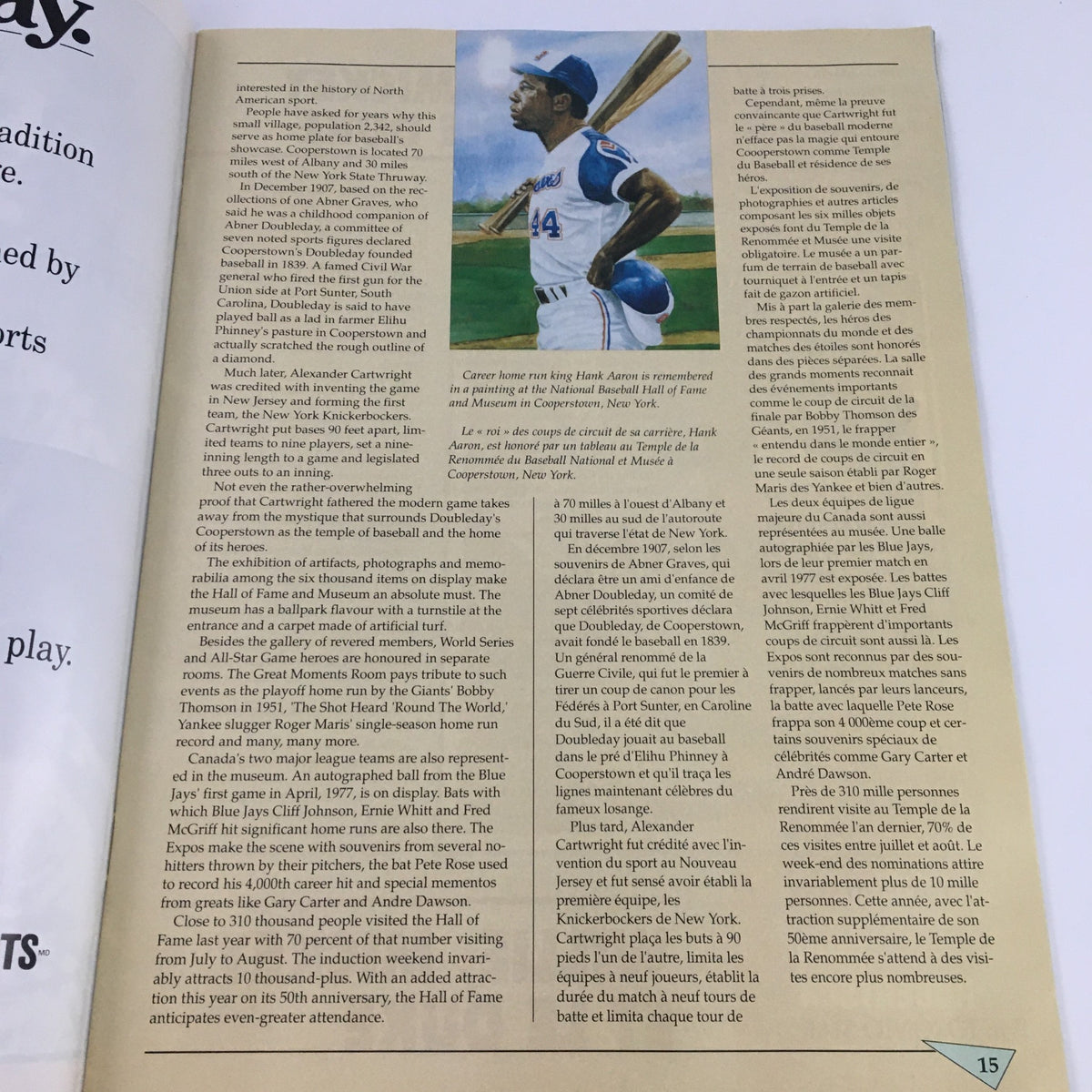 Article page from the 1989 Canadian Baseball Hall of Fame & Museum Dinner Committee Whitey Ford magazine, showcasing a feature about Hank Aaron and the history of baseball.
