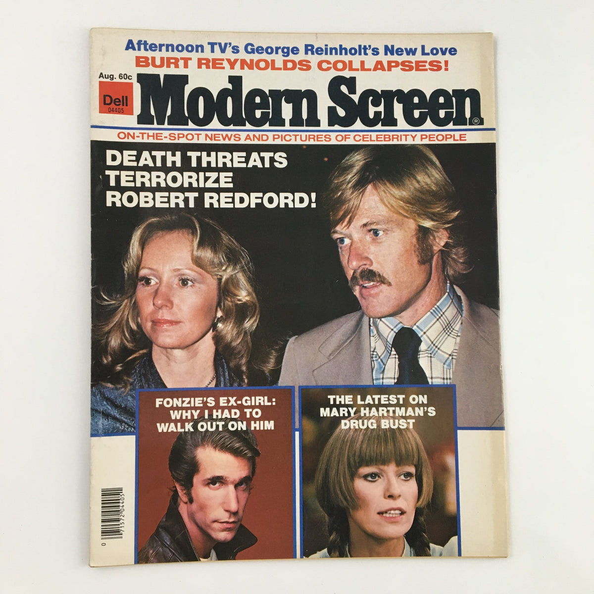 Cover of Modern Screen Magazine from August 1976 featuring Robert Redford with headlines about celebrity news including death threats and Burt Reynolds.