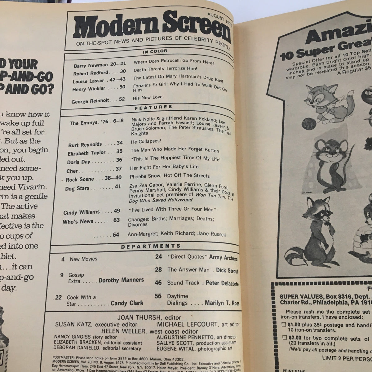 Inside page of Modern Screen Magazine August 1976 showing contents list with articles on Robert Redford, Burt Reynolds, and different features from the era.