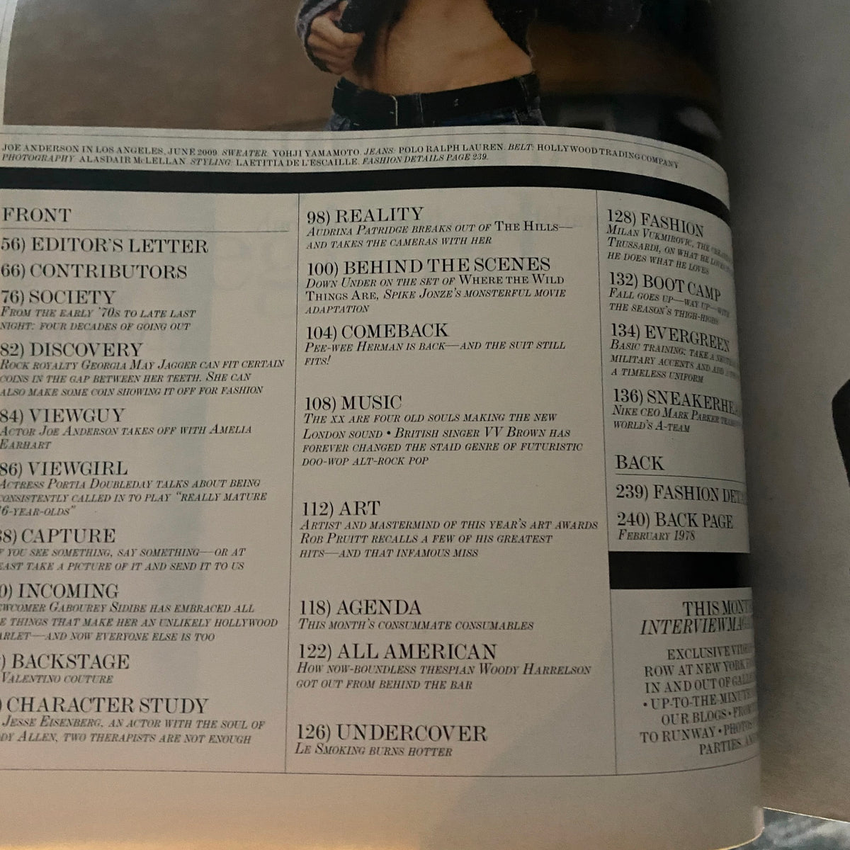 Interior page of Interview Magazine November 2009 displaying the table of contents, featuring articles on fashion, art, and celebrity trends.