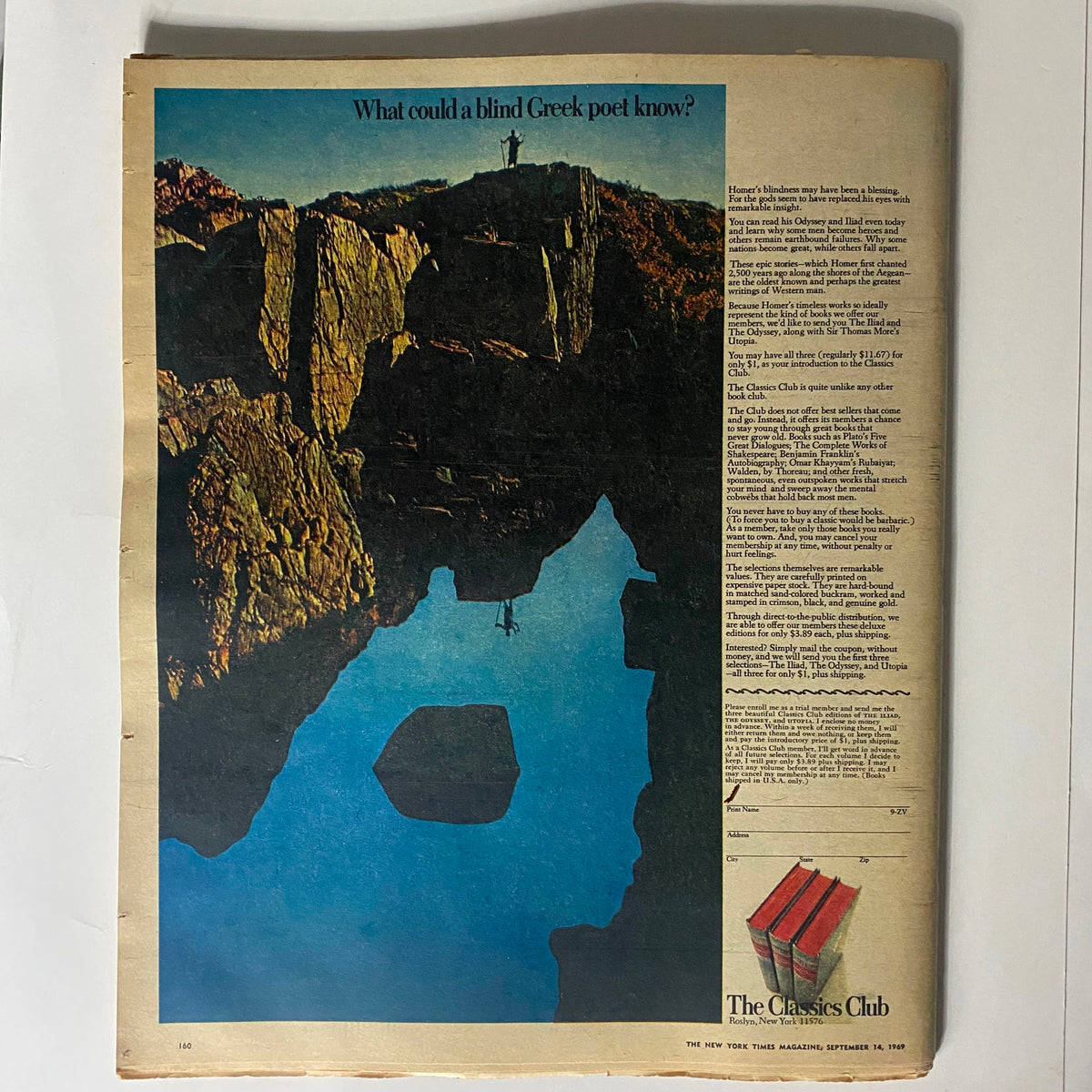 Back cover of The New York Times Magazine September 14, 1969, with an artistic reflection on a rock surrounded by water, presenting a thought-provoking visual in line with the publication's content.