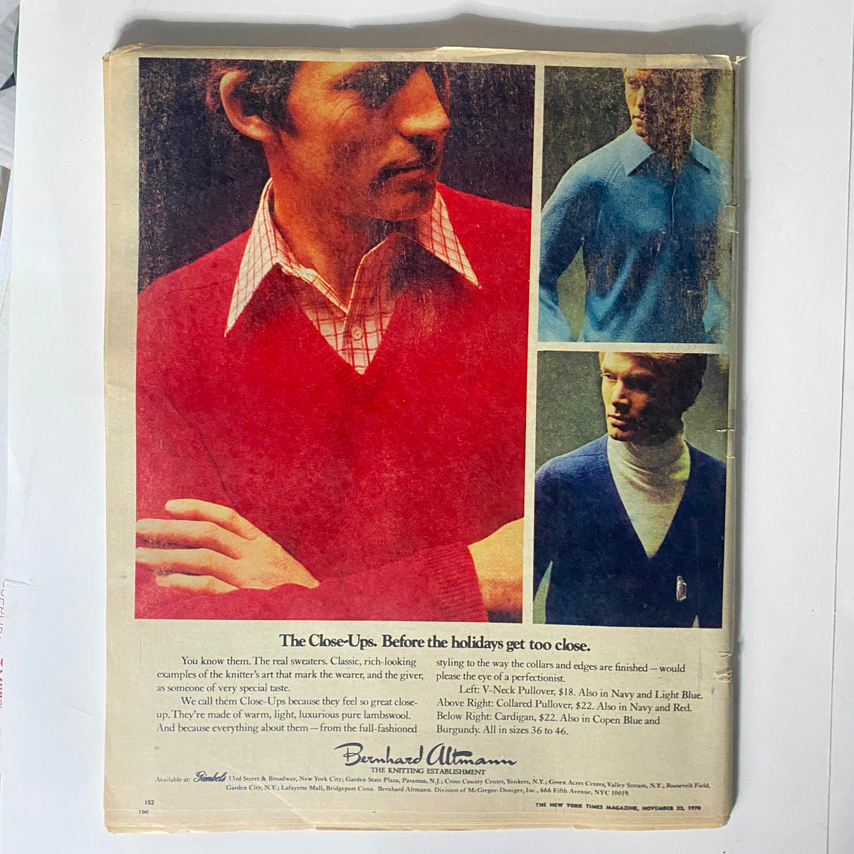 Back cover of The New York Times Magazine from November 22, 1970, featuring a collage of men's swatches and styles from Bernhard Altman, showcasing classic sweaters and holiday fashion.