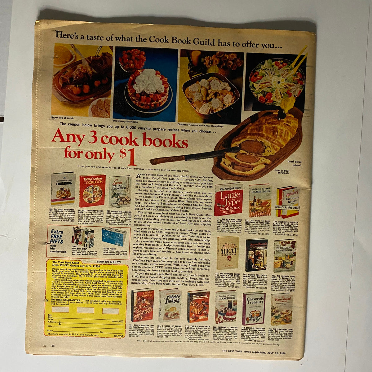Page from The New York Times Magazine July 12 1970 displaying an advertisement for the Cook Book Guild, offering three cookbooks for only $1.
