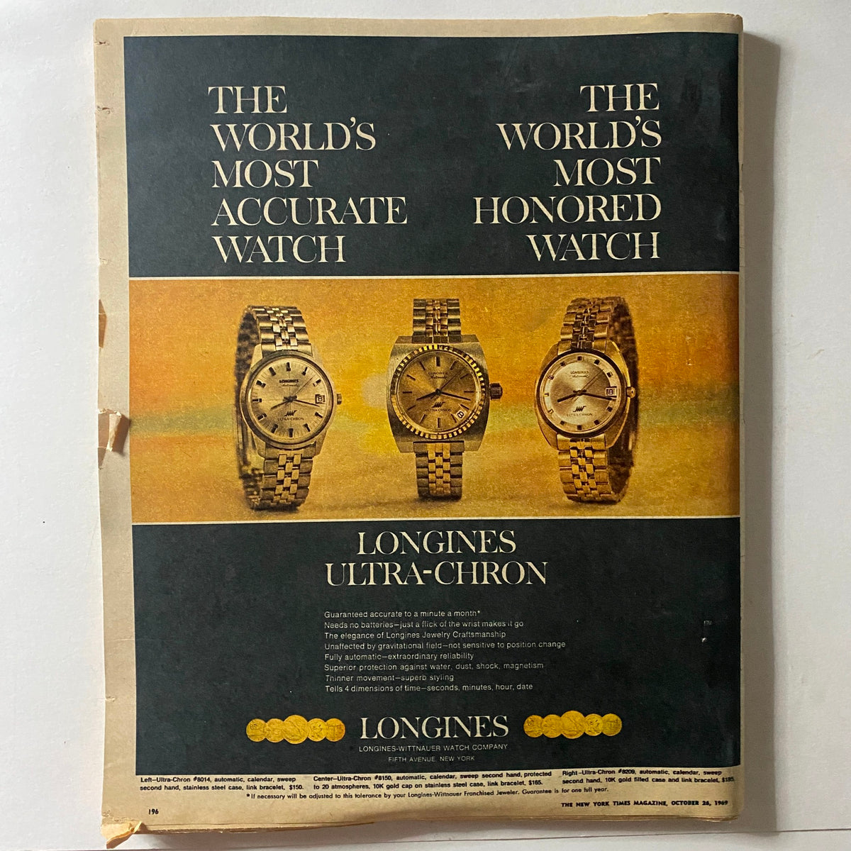 Back cover advertisement of The New York Times Magazine, October 26, 1969, featuring Longines Ultra-Chron watches.