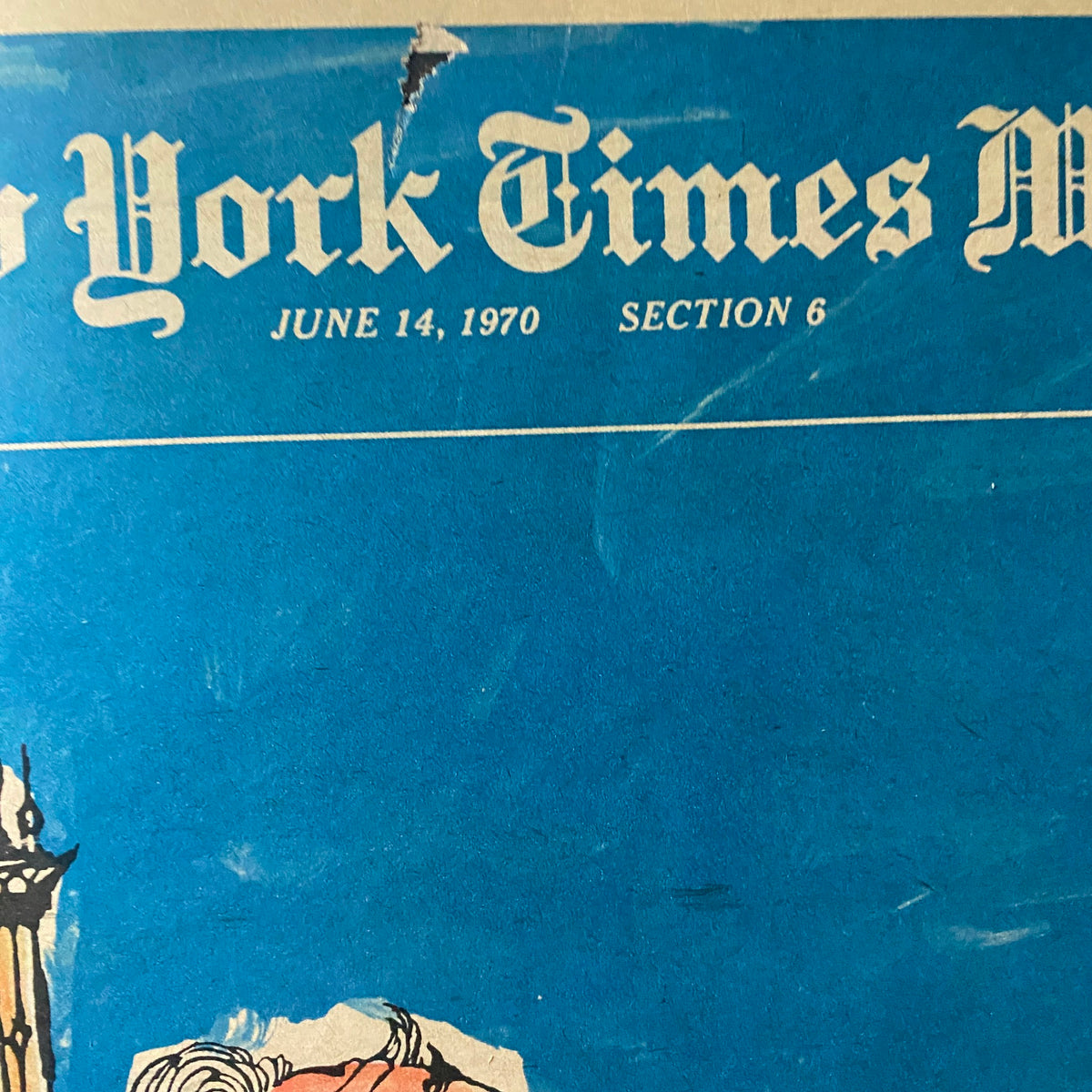 Close-up of the top section of The New York Times Magazine June 14, 1970, showcasing the publication title and date with a blue background.