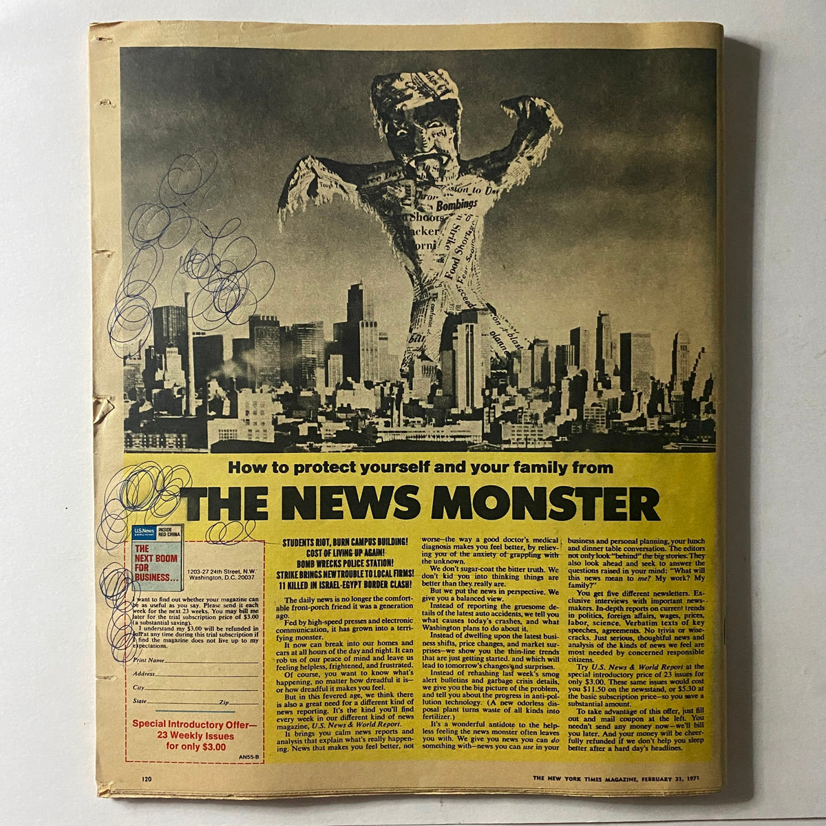 The New York Times Magazine February 21 1971 cover featuring a graphic titled 'The News Monster', depicting a figure constructed from newspaper clippings against a skyline backdrop.