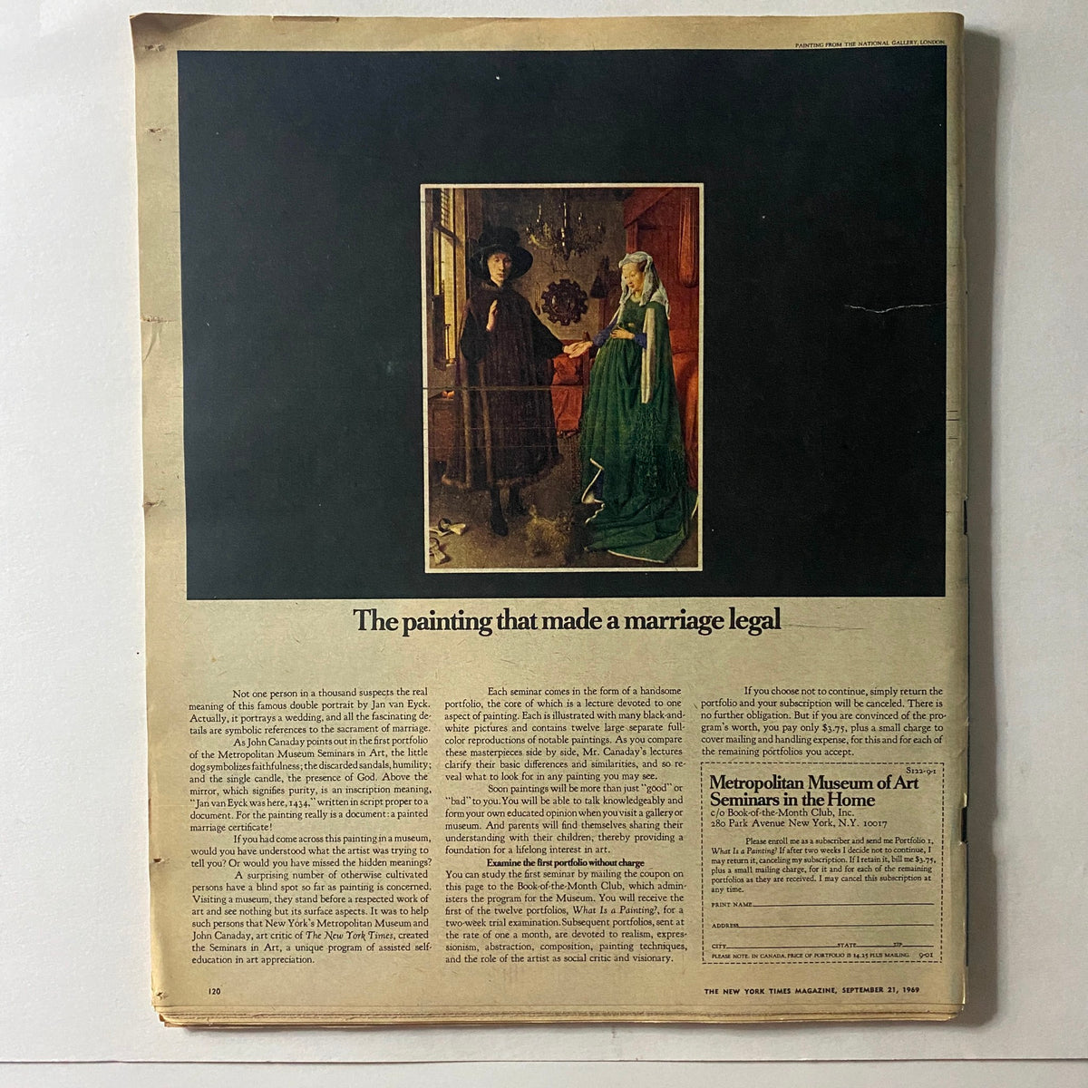 The New York Times Magazine September 21 1969 showcasing an article titled 'The painting that made a marriage legal,' with an image related to the topic.