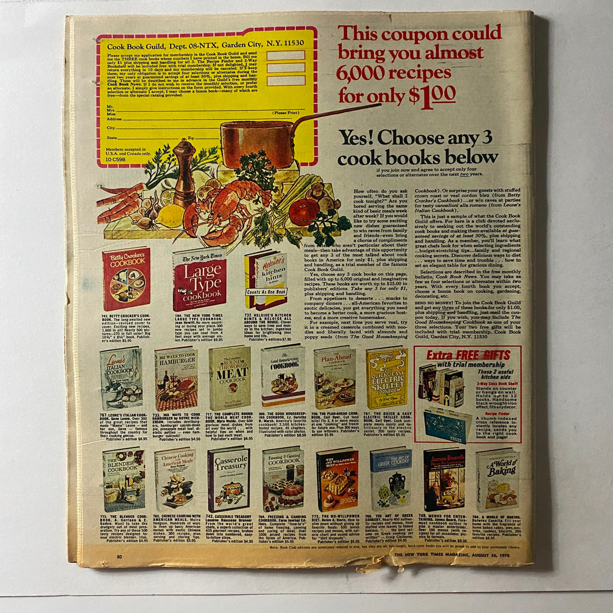 The New York Times Magazine August 30 1970 featuring an advertisement for cookbooks including a promotional coupon and a colorful illustration of food items.