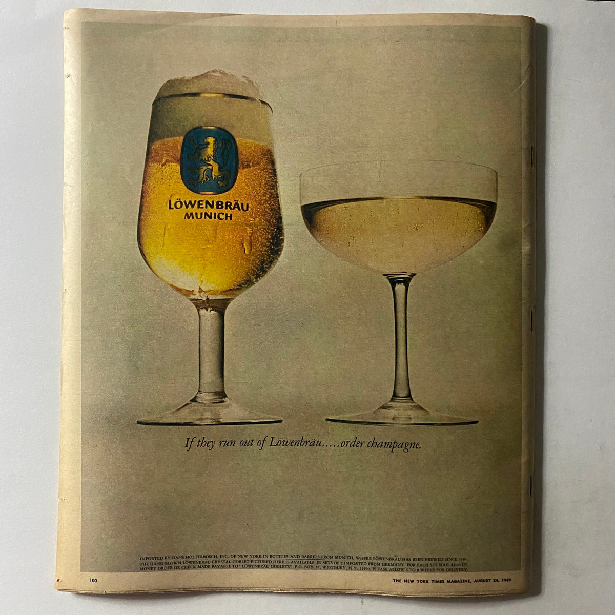 Back cover of The New York Times Magazine August 24, 1969, showcasing a Löwenbräu beer advertisement, highlighting cultural trends in advertising during the 1960s.