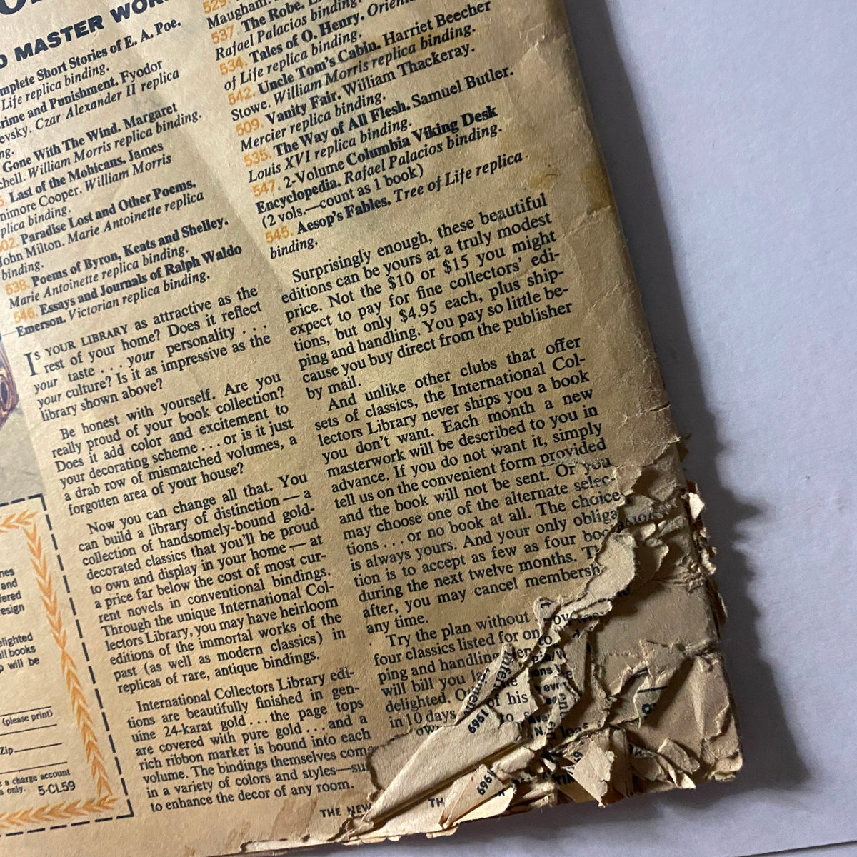 Detailed view of the vintage advertisement from The New York Times Magazine August 31, 1969 featuring classic literature selections, with text explaining the promotion and unique binding options available for collectors.