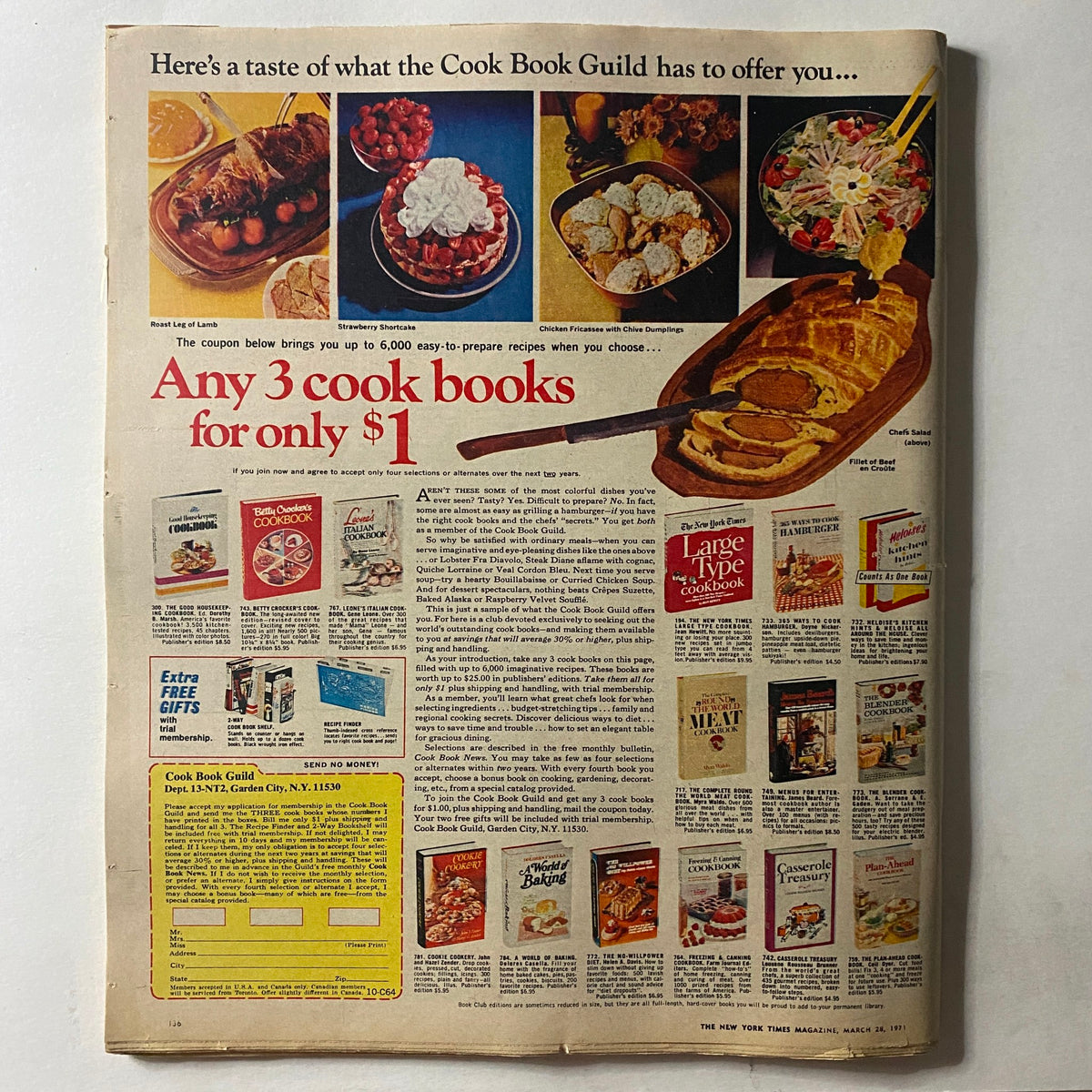 Advertisement page from The New York Times Magazine March 28, 1971, promoting the Cook Book Guild with various food images and the offer of any 3 cookbooks for only $1.