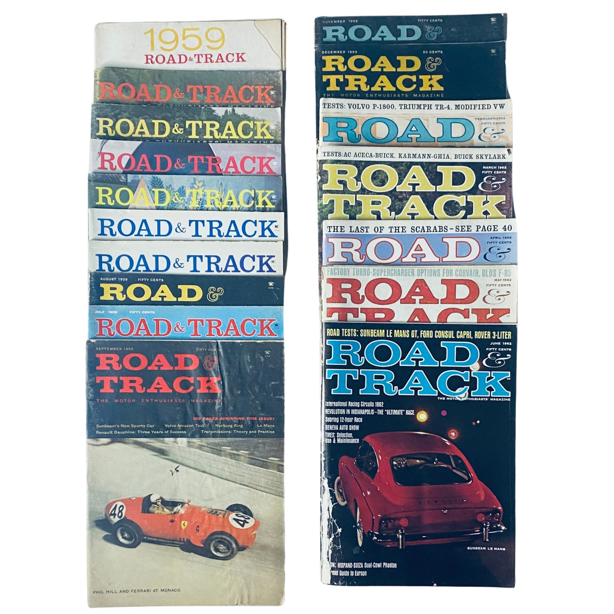 Lot of 17 Road & Track Magazines 1959 1962 Auto Racing Car Back Issues featuring vintage car covers and automotive themes.