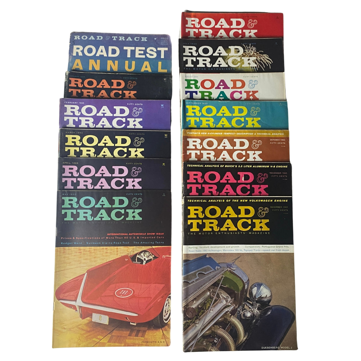 Lot of 13 Road & Track Magazine Complete January - December 1960, showcasing 12 monthly issues and the Road Test Annual, featuring cover designs and automotive themes from the golden age of motoring.