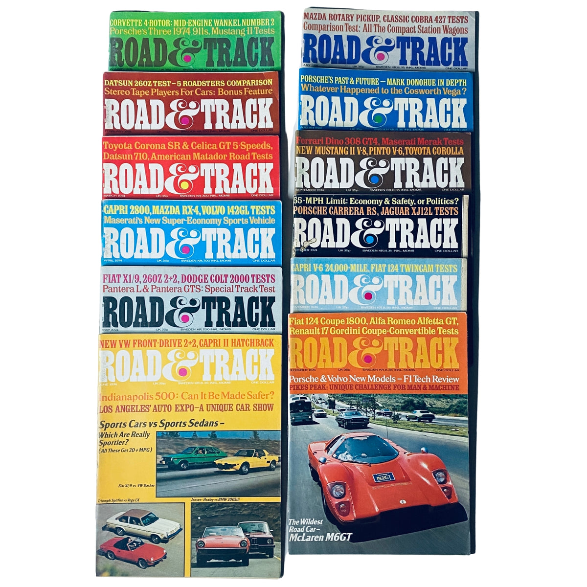 Lot of 12 Road & Track Magazines 1974 Car Auto Racing Full Year January-December featuring covers of various issues with vibrant graphics and automotive themes.