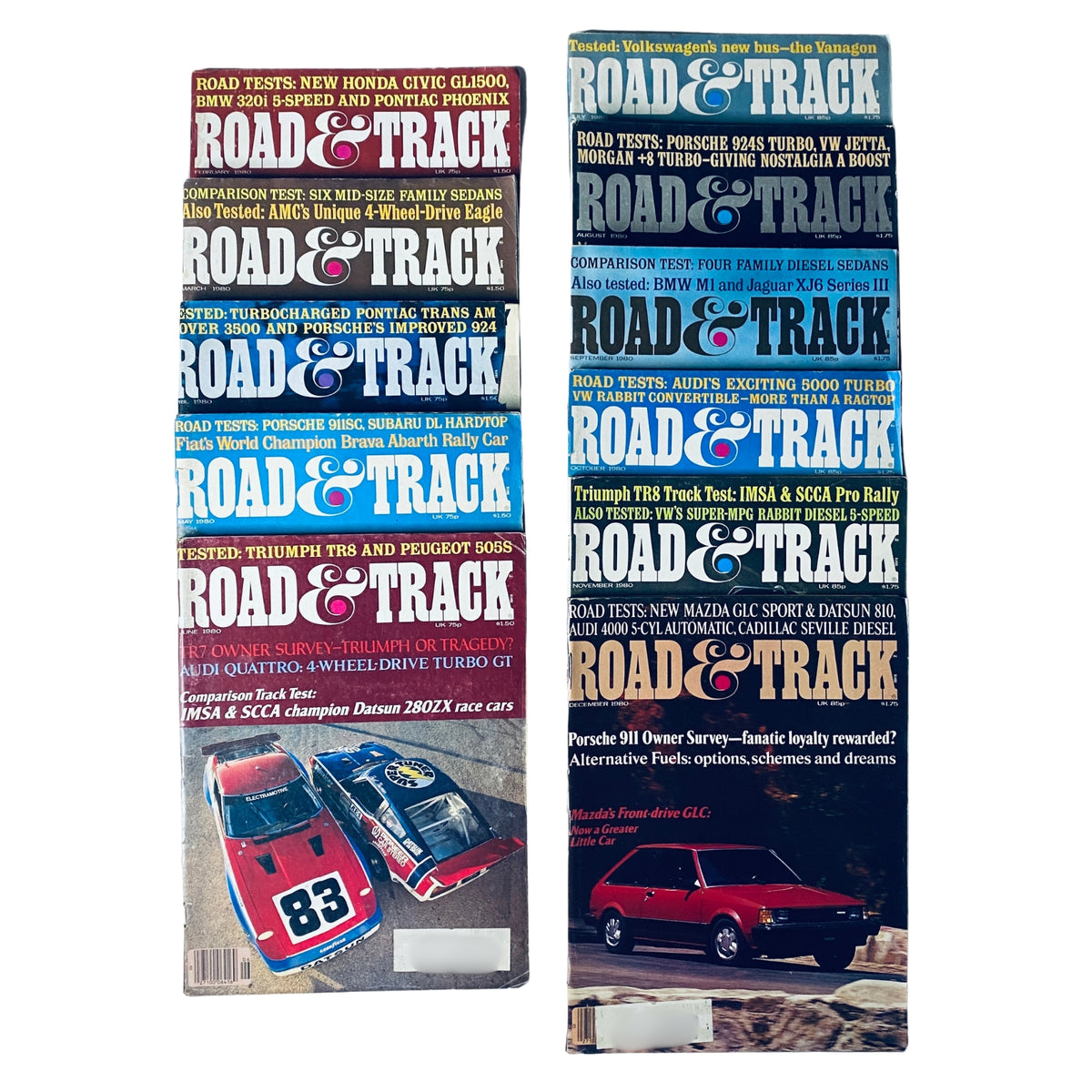 Lot of 11 Road & Track Magazines 1980 Car Auto Racing February-December Set showcasing various magazine covers featuring auto racing tests and reviews.