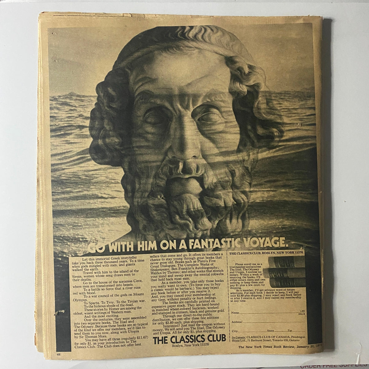 Vintage advertisement featured in The New York Times Book Review January 31, 1971, showcasing a dramatic statue of a Greek storyteller with ocean waves in the background, promoting The Classics Club.