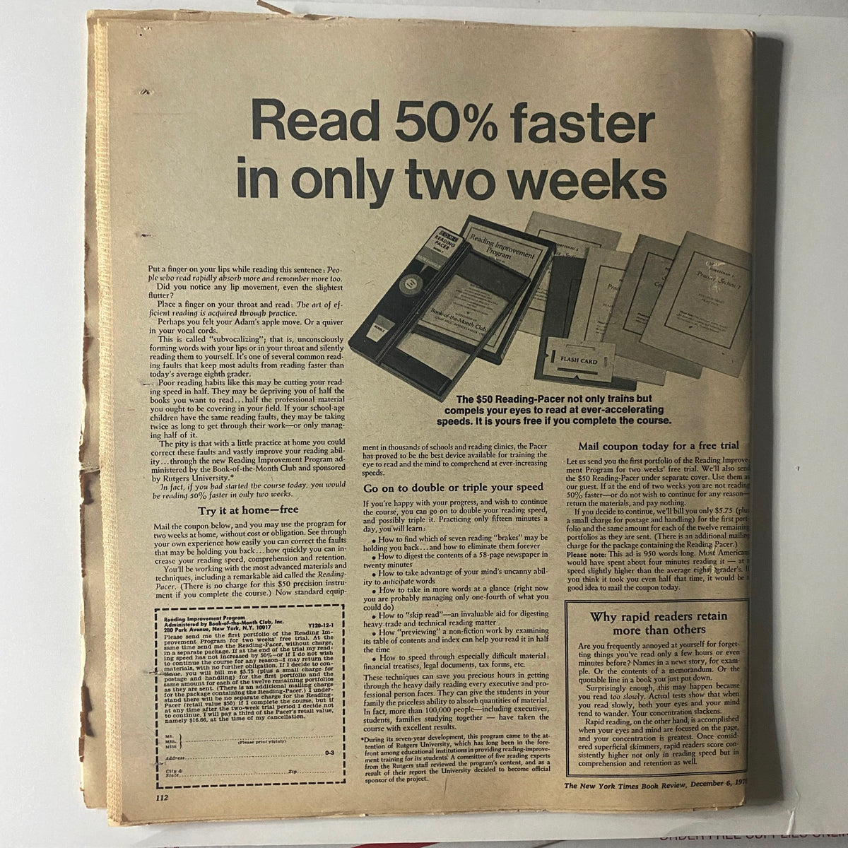 Back cover of The New York Times Book Review December 6 1970 Christmas Issue promoting reading speed training services with a visually informative layout.
