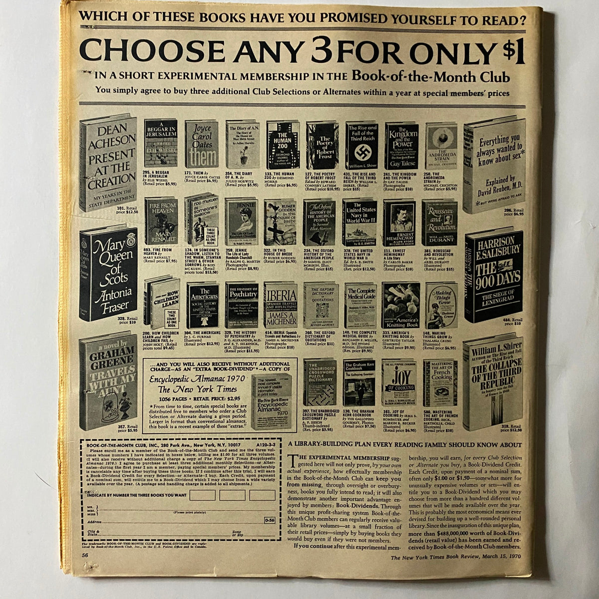 The back cover of The New York Times Book Review March 15 1970 showcasing various book selections and advertisements. This historic review represents significant literary conversations of the era.