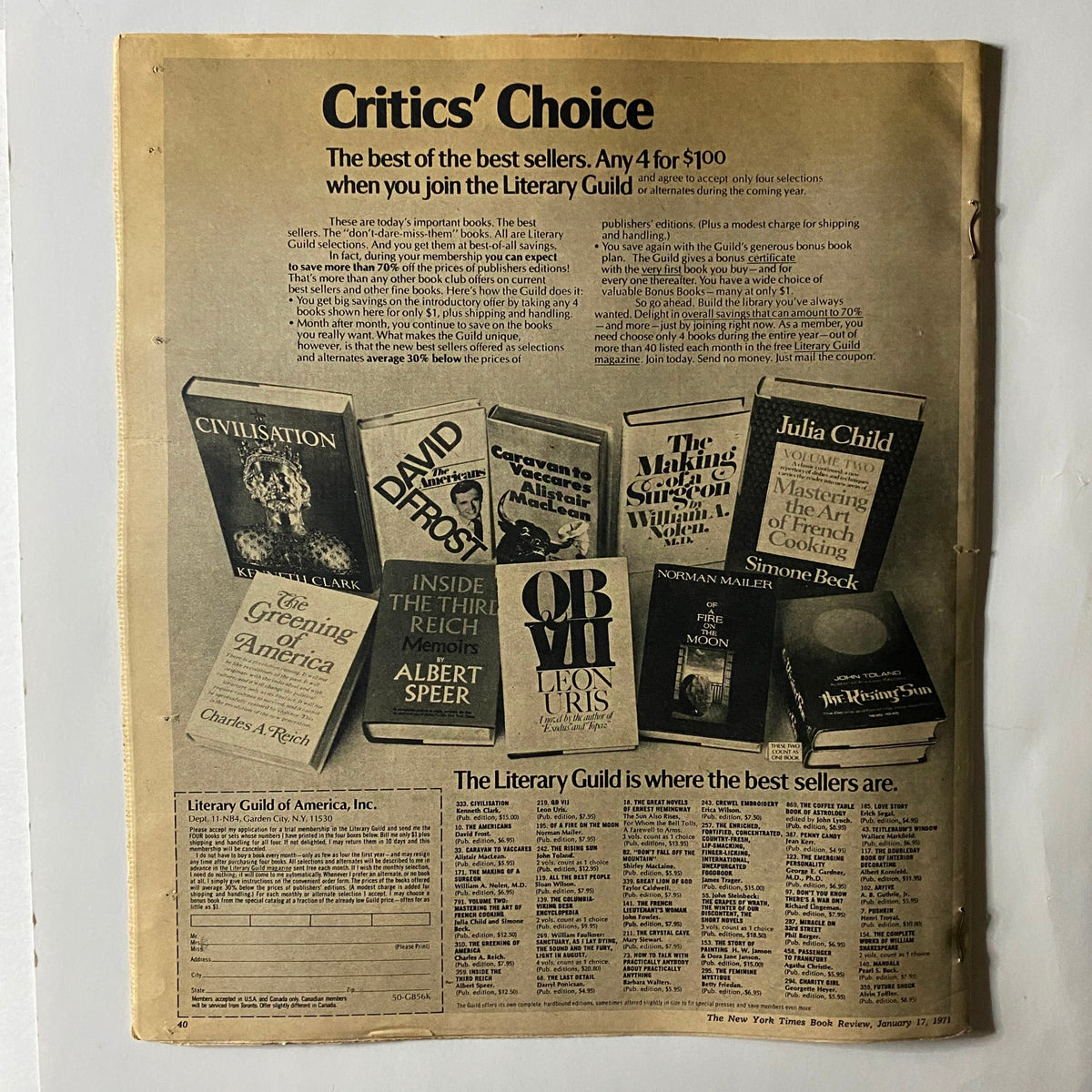 The New York Times Book Review January 17, 1971 showcasing a Critics' Choice advertisement for best-selling books from the Literary Guild.