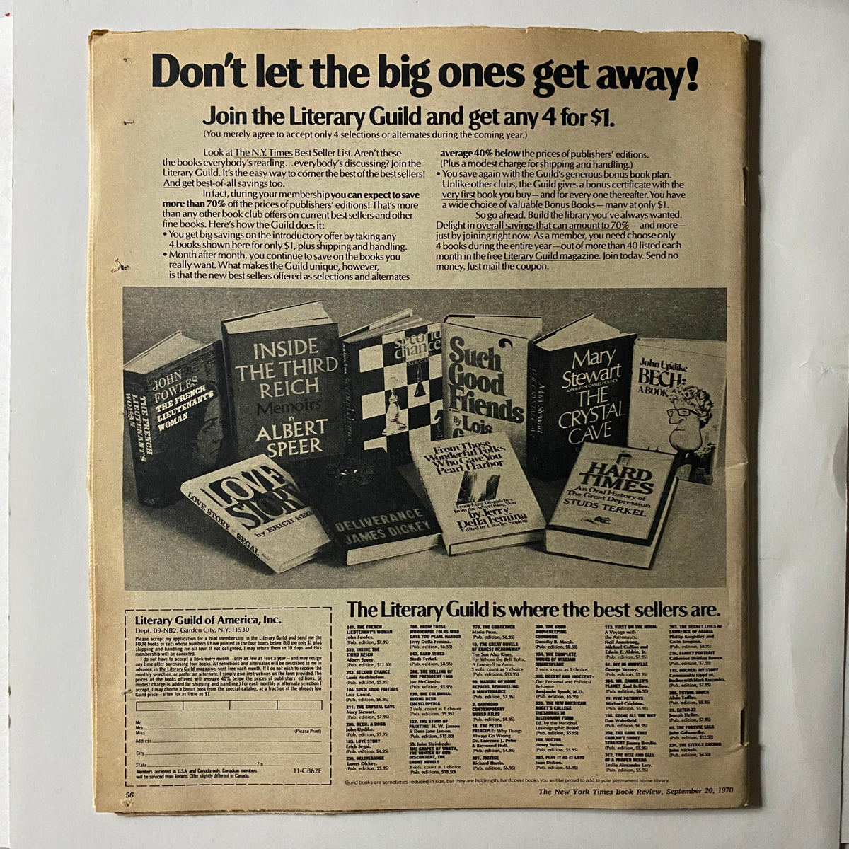 The New York Times Book Review - September 20, 1970, including an advertisement for the Literary Guild, featuring popular book titles from that era, representing the magazine's vintage charm.