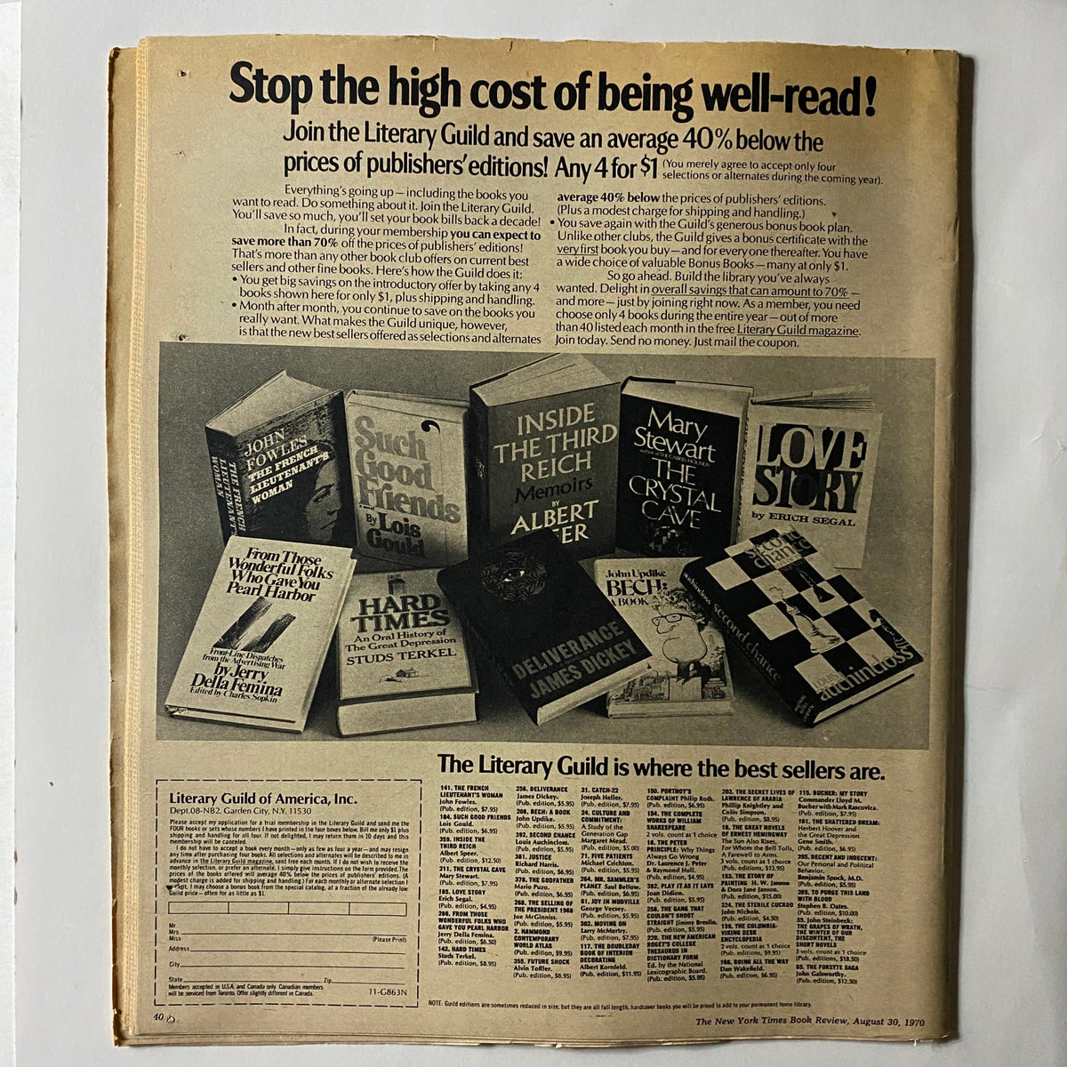 Back cover of The New York Times Book Review August 30, 1970, advertising the Literary Guild services, showcasing various book titles and a promotional offer.