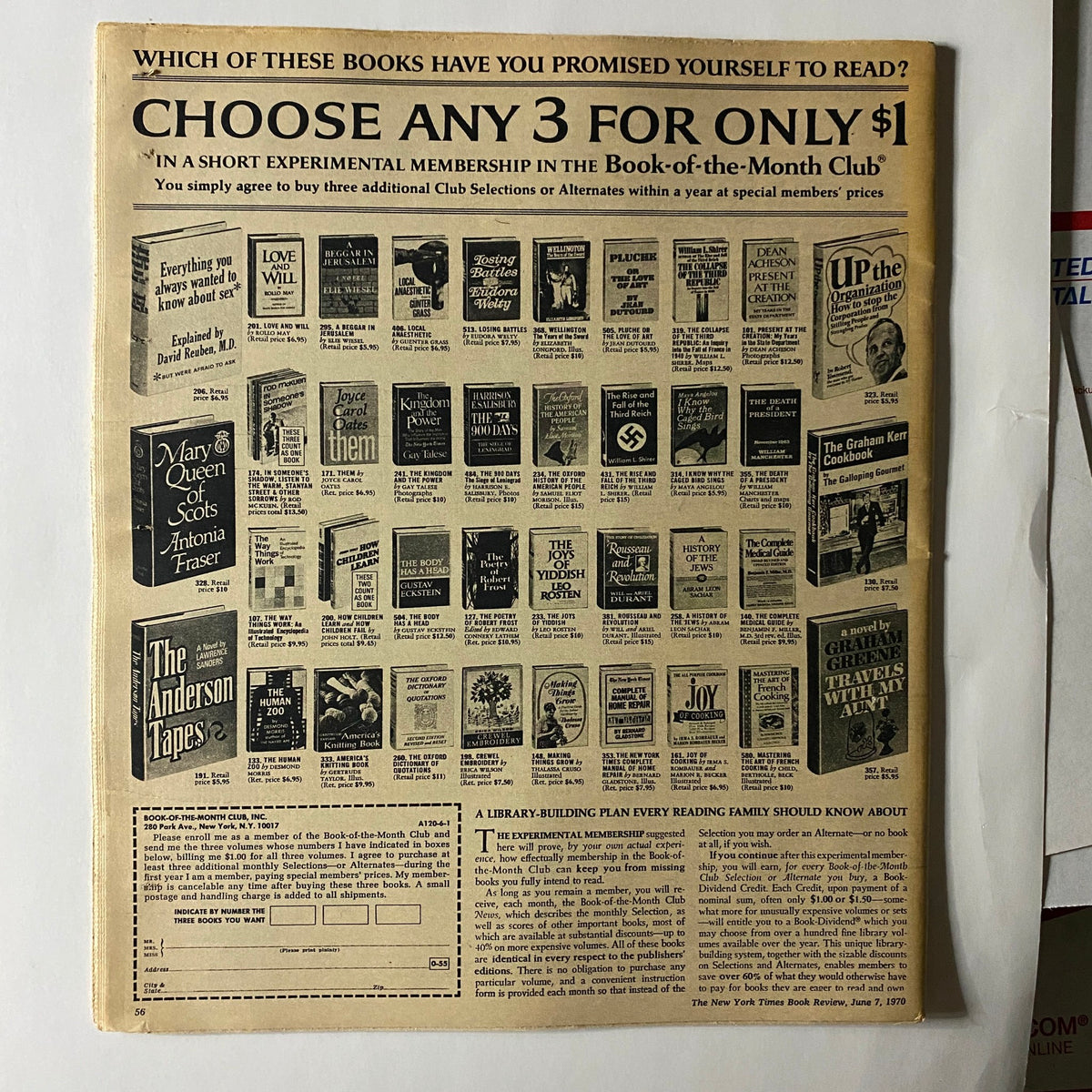The back cover of The New York Times Book Review June 7, 1970, featuring an advertisement for the Book-of-the-Month Club. This offers readers a chance to select three books for $1, emphasizing the magazine's historical literary context.