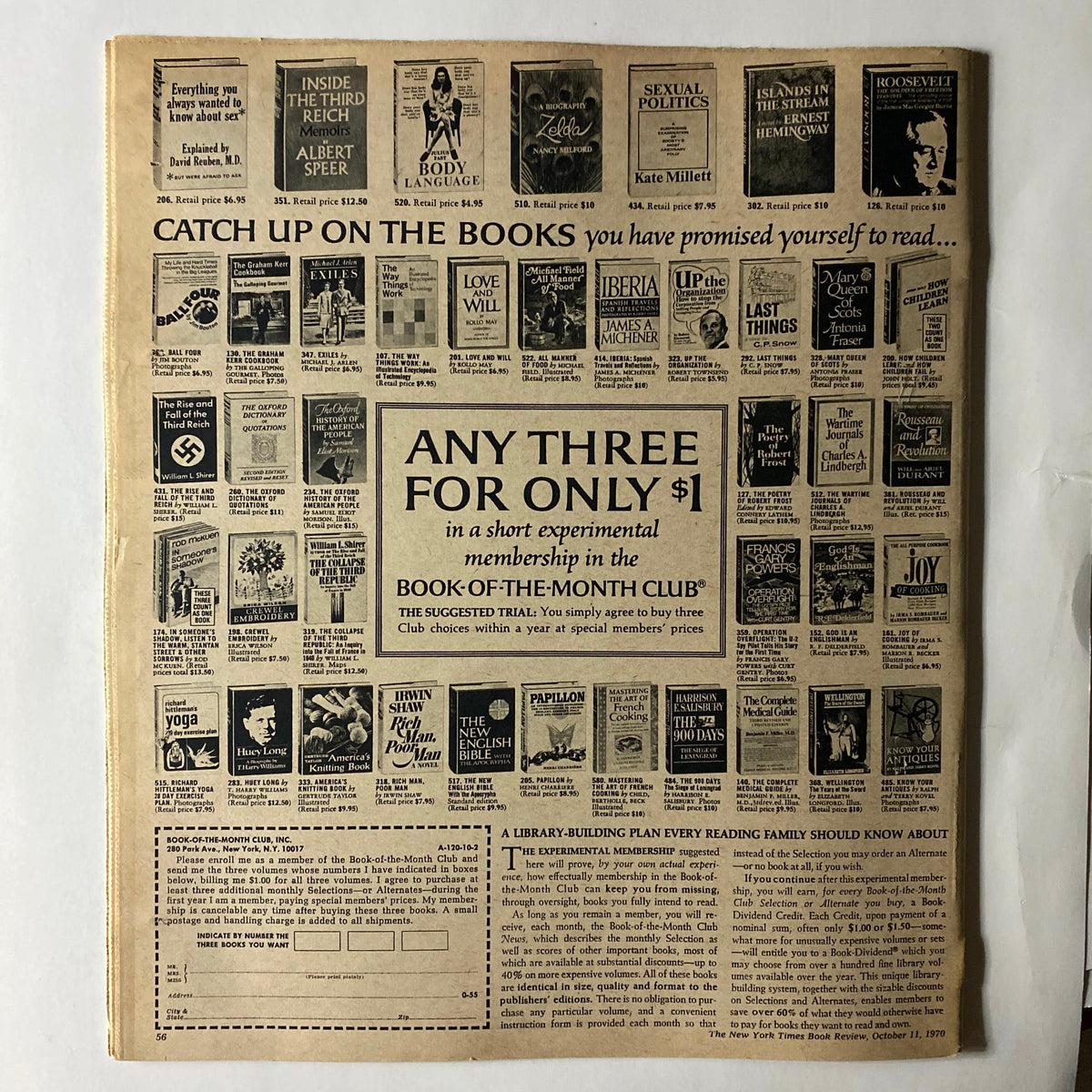 The back cover of The New York Times Book Review October 11, 1970, showcasing advertisements for books from various authors, promoting a special offer for Book-of-the-Month Club membership.