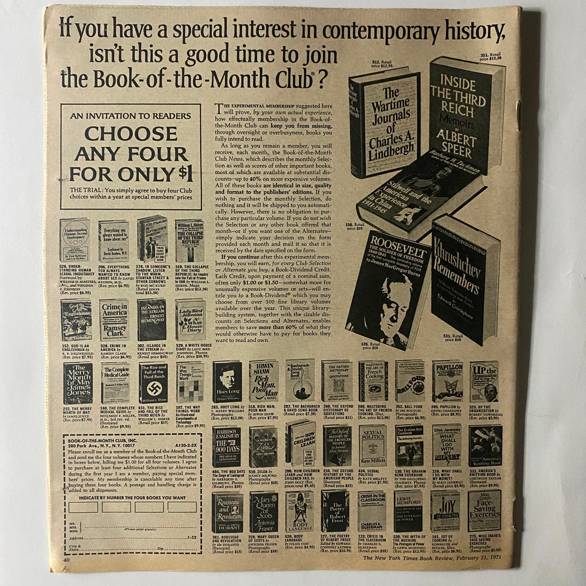 The back cover of The New York Times Book Review February 21, 1971, featuring advertisements for contemporary books and a promotional offer for the Book-of-the-Month Club.