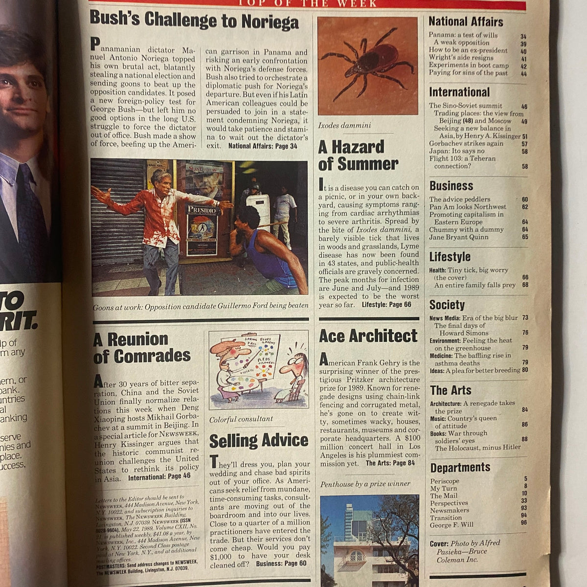 Interior page of VTG Newsweek Magazine May 22 1989 discussing Bush's challenge to Noriega with an image related to the article.