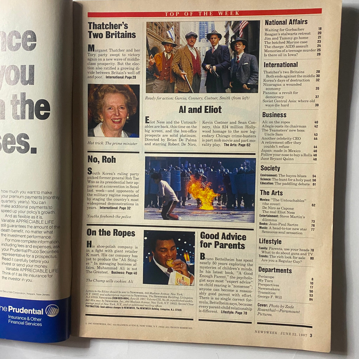 Inside page of VTG Newsweek Magazine June 22 1987 displaying articles including 'Thatcher's Two Britains' and 'Al and Eliot', related to the film 'The Untouchables'.