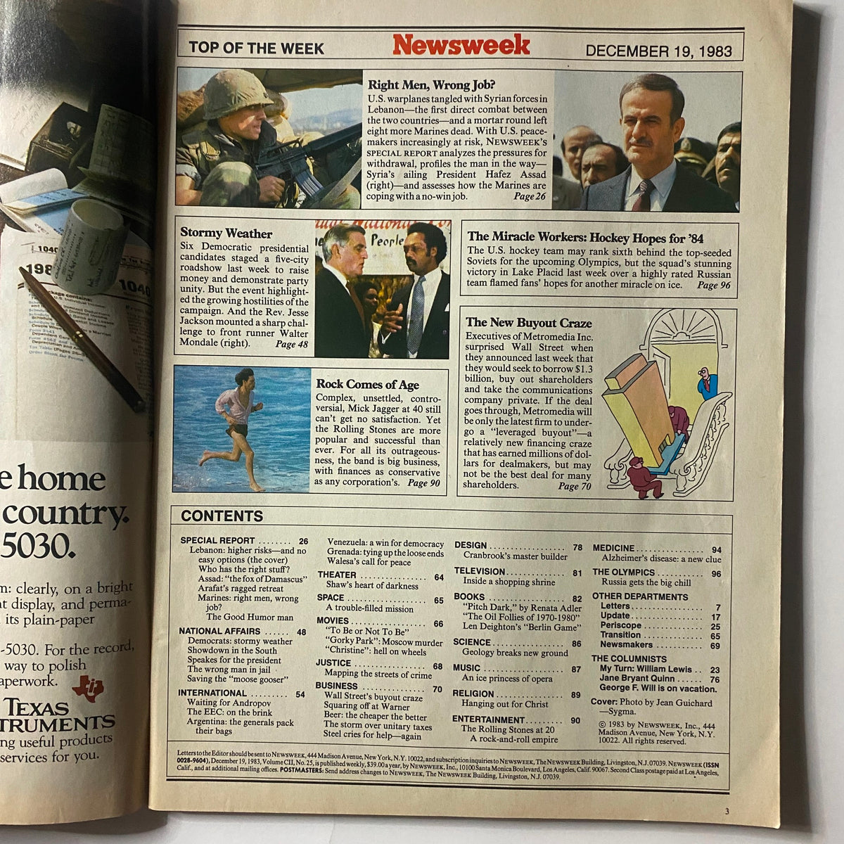 Inside page of VTG Newsweek Magazine December 19 1983 showing the contents section and articles related to U.S. Marines and other current events.