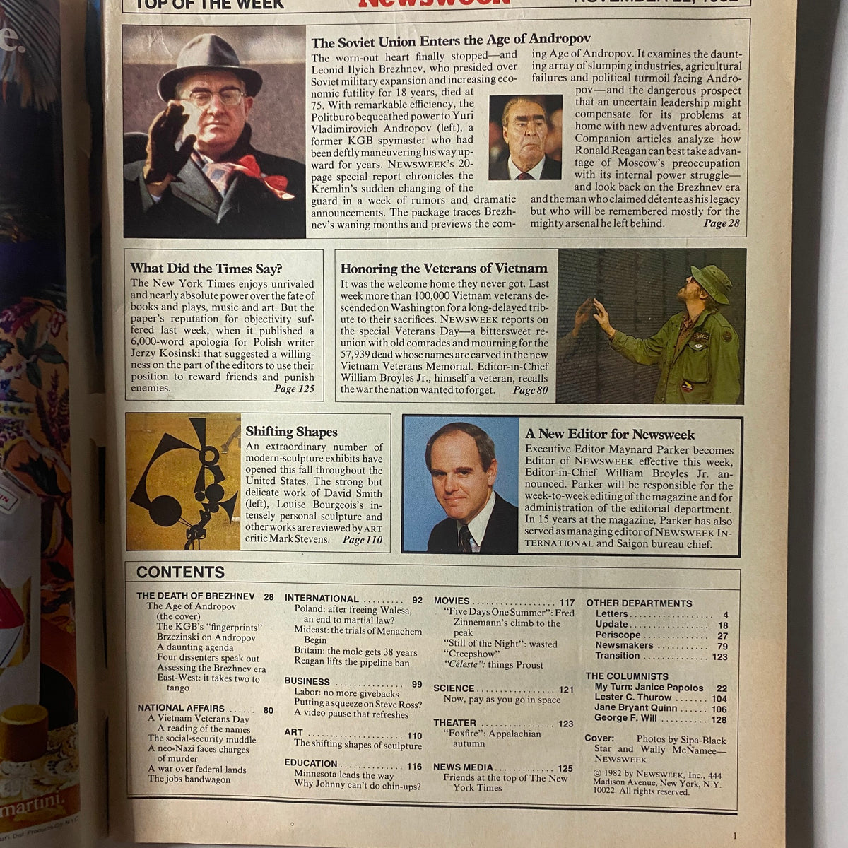 Inside page of the vintage Newsweek Magazine from November 22, 1982, highlighting articles about Yuri Andropov's leadership and content overview.
