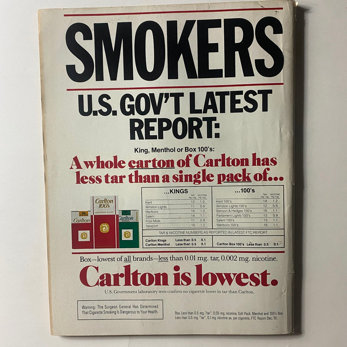 Back cover of the vintage Newsweek Magazine dated November 22, 1982, displaying a cigarette advertisement with a government report.