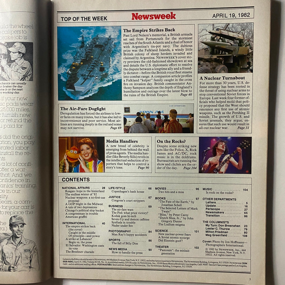 Page from VTG Newsweek Magazine April 19, 1982 featuring articles including The Empire Strikes Back and more, an essential collectible for Star Wars fans.