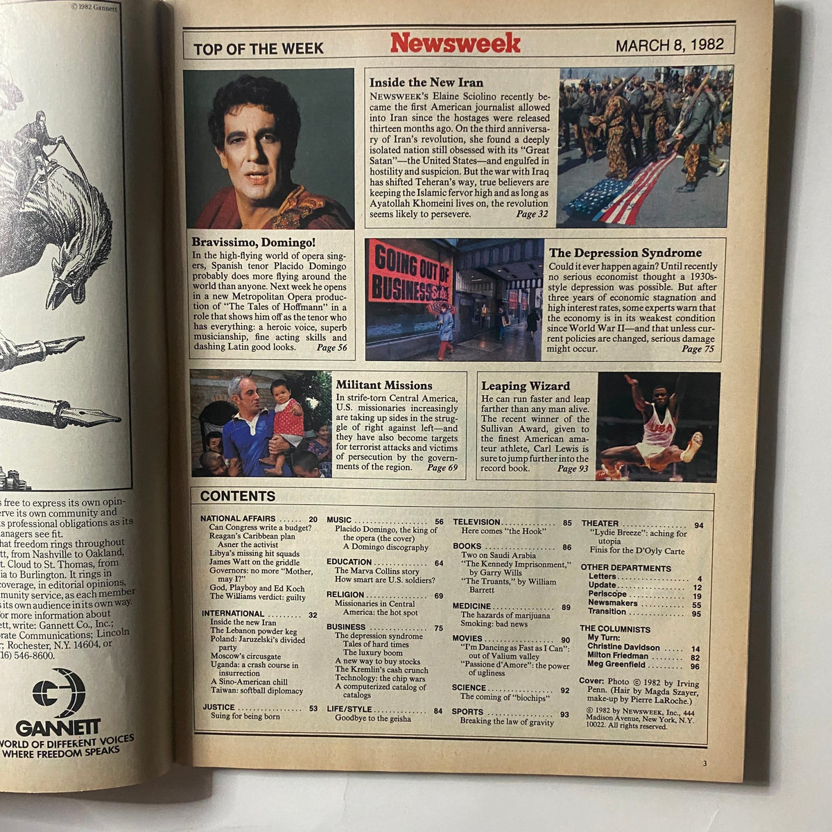 Inside page of VTG Newsweek Magazine March 8 1982, showcasing an article about tenor Placido Domingo, King of the Opera, with additional magazine content details.