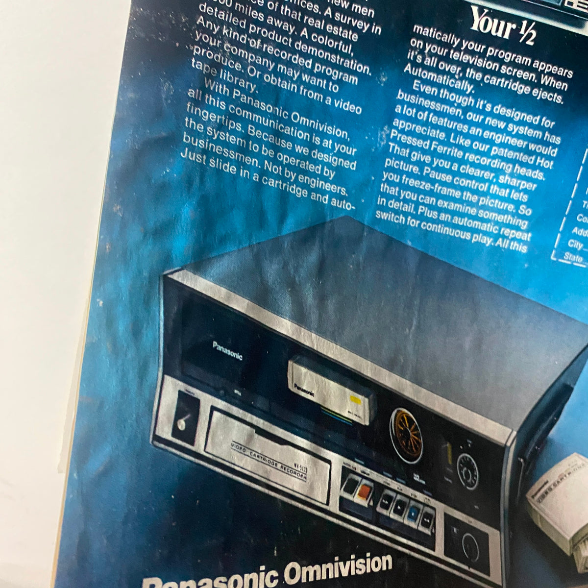 Vintage advertisement for the Panasonic Omnivision video cassette recorder featured in the VTG Time Magazine April 2, 1973 issue focusing on Libya's Muammar Gaddafi & The Arabs.