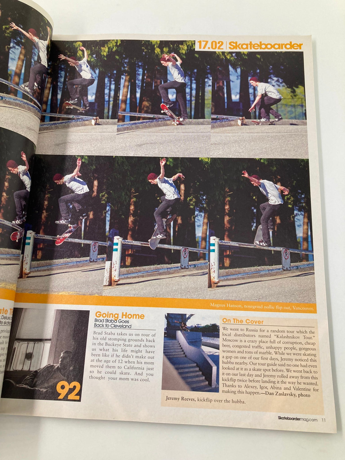 Detailed page from Skateboarder Magazine October 2007 highlighting Jeremy Reeves' kickflip over the hubba and an article about him.