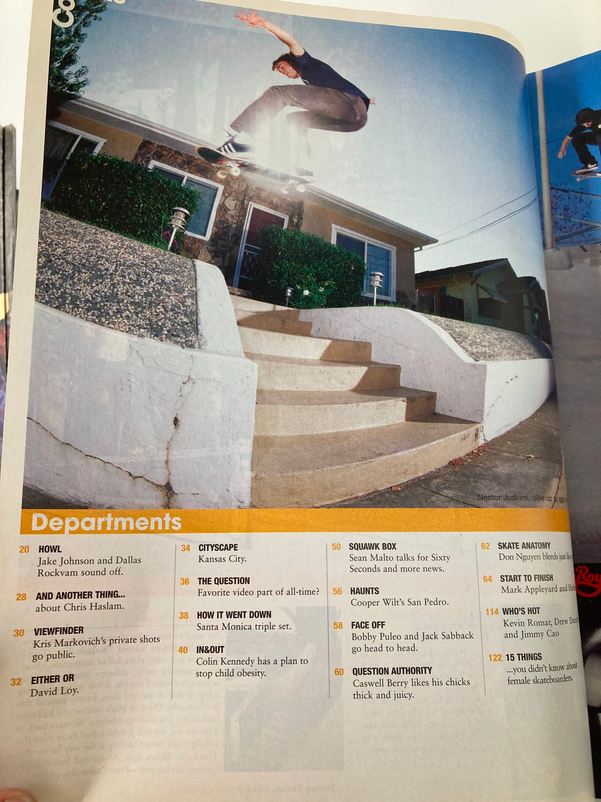 Another page from Skateboarder Magazine October 2007 featuring skateboarding departments and a stunning image of a skateboarder in action.