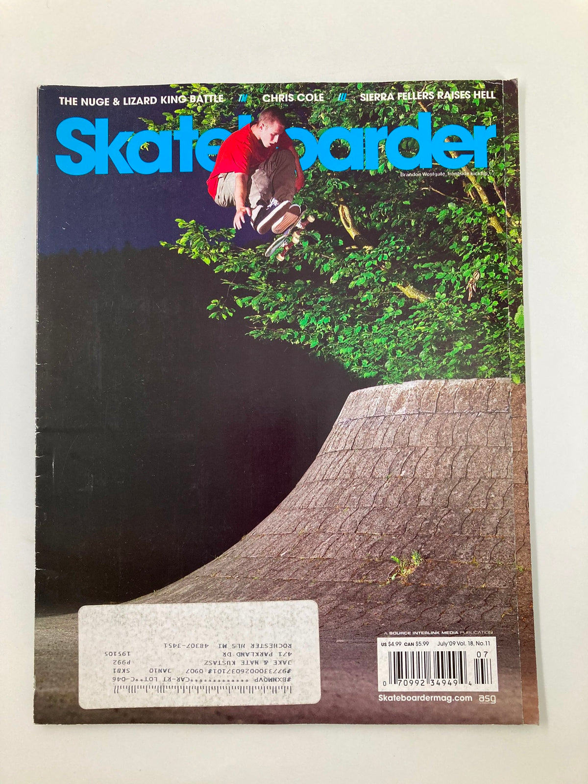 Cover of Skateboarder Magazine July 2009 Vol 18 #11 featuring Brandon Westgate performing a frontside kickflip, showcasing vibrant skate culture and vintage skateboarding photography.