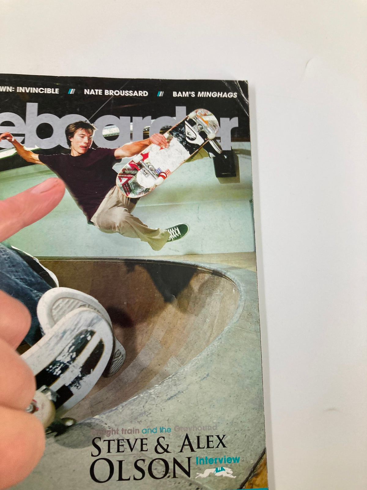 Side view of Skateboarder Magazine November 2007 Vol 17 #3, emphasizing the cover story featuring Steve and Alex Olson, highlighting the thrills of skateboarding culture.