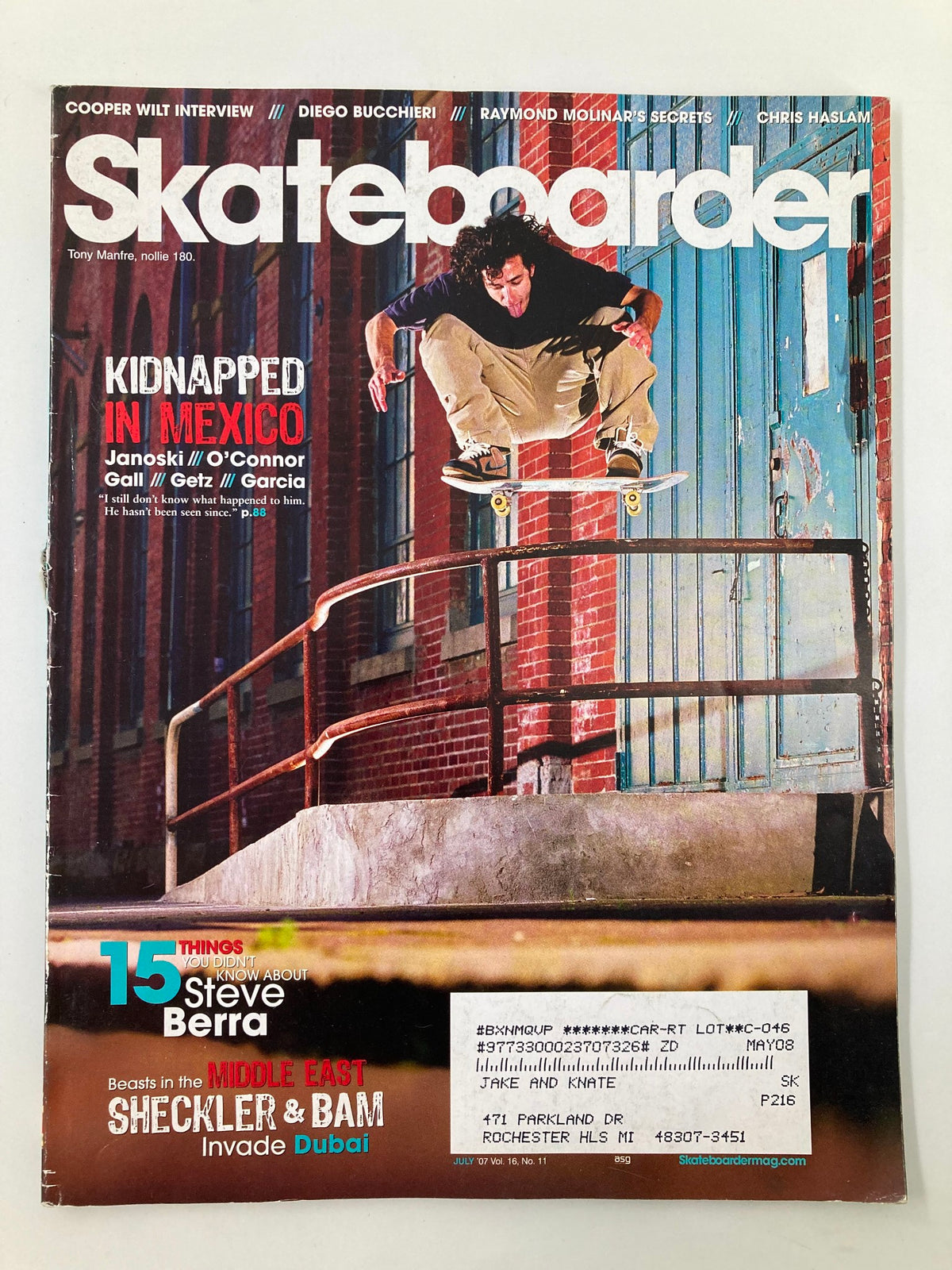Skateboarder Magazine July 2007 Vol 16 #11 featuring Tony Manfire performing a Nollie 180 on the cover, showcasing the vibrant skate culture of the late 2000s.