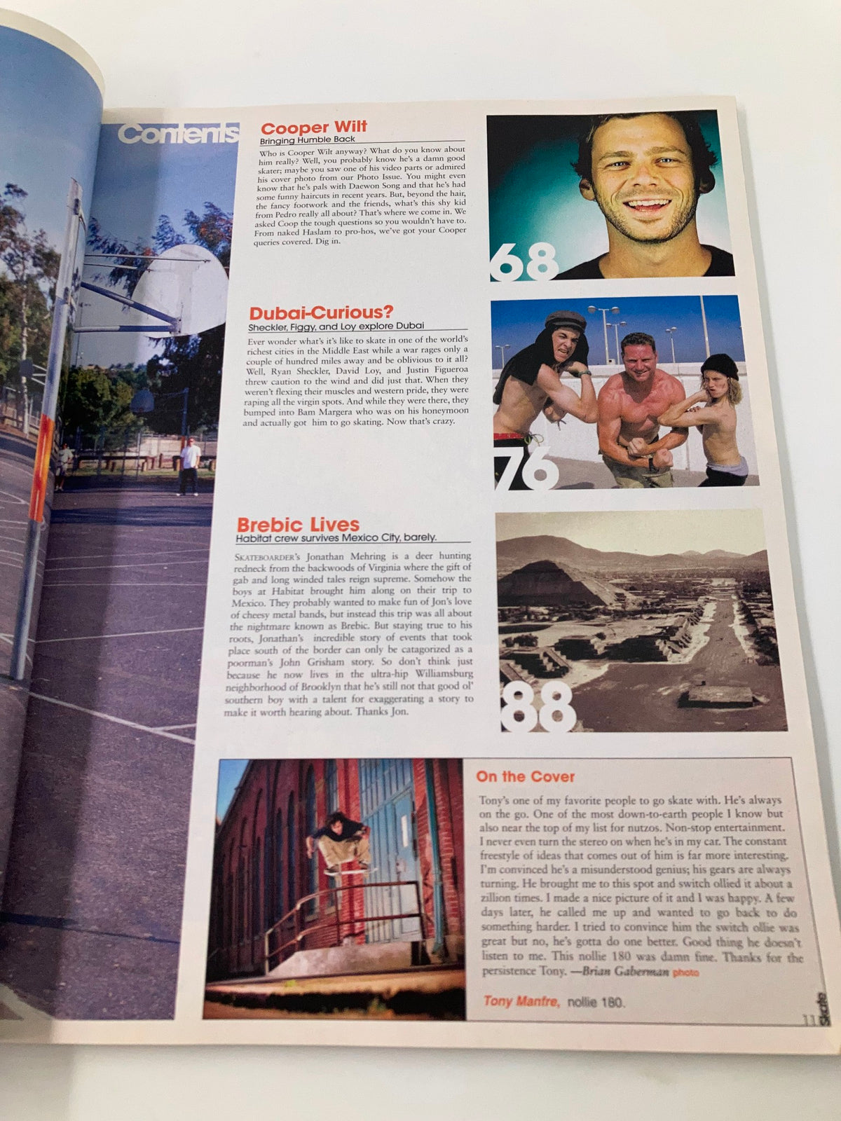 Interior spread of Skateboarder Magazine July 2007 Vol 16 #11 highlighting content including interviews and features on skateboarders, with a focus on Cooper Wilt and Dubai-related themes.