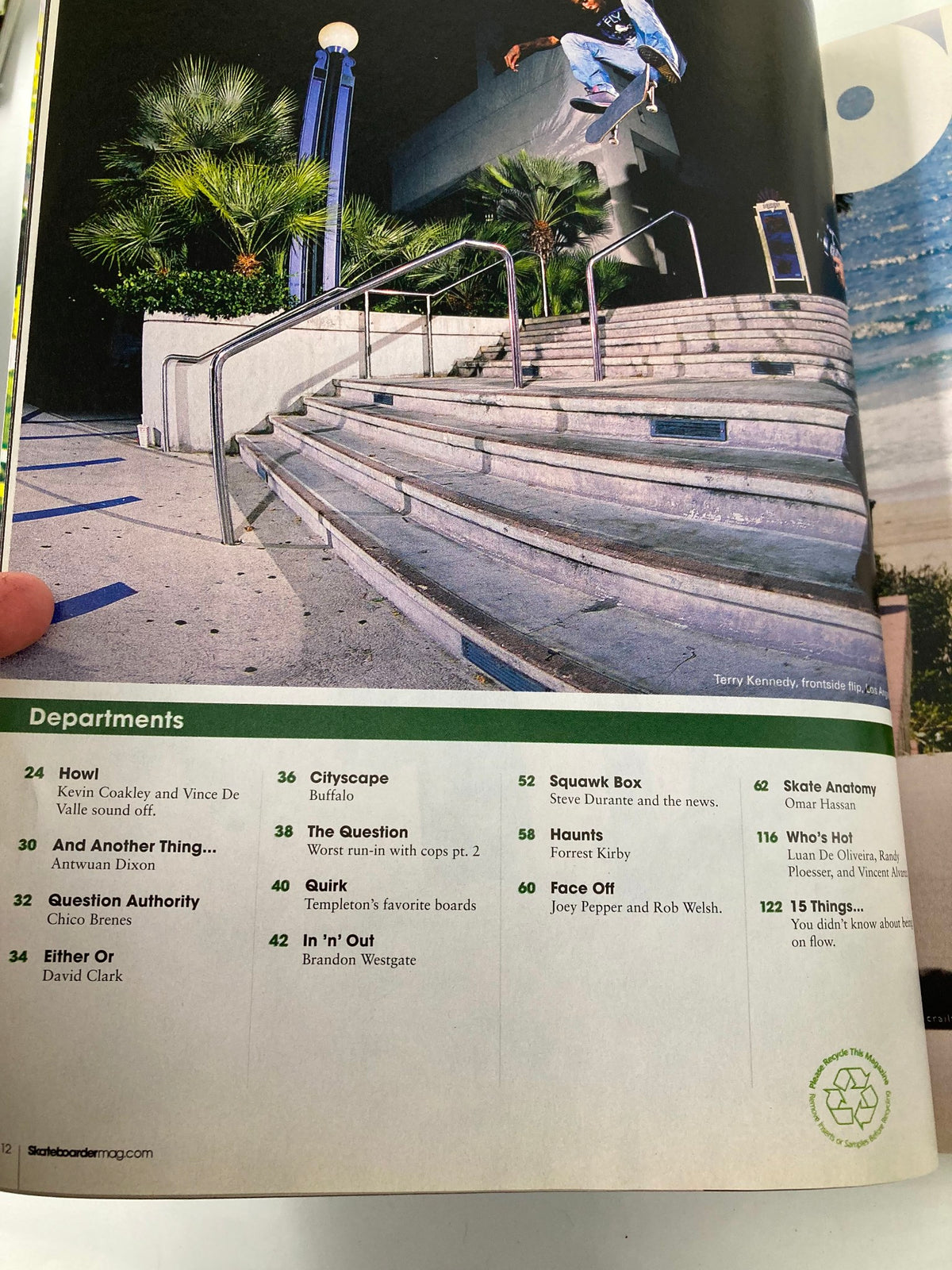 Inside spread from Skateboarder Magazine August 2008 Vol 17 #12 showing a table of contents and skateboarding action photos.